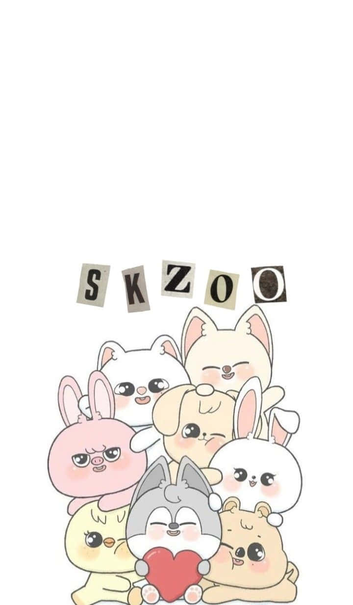 Skzoo, seven animal characters, red heart, SD Phone Wallpaper