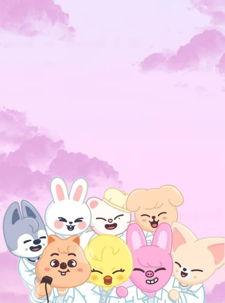 Skzoo, characters group, pink background, SD Phone Wallpaper