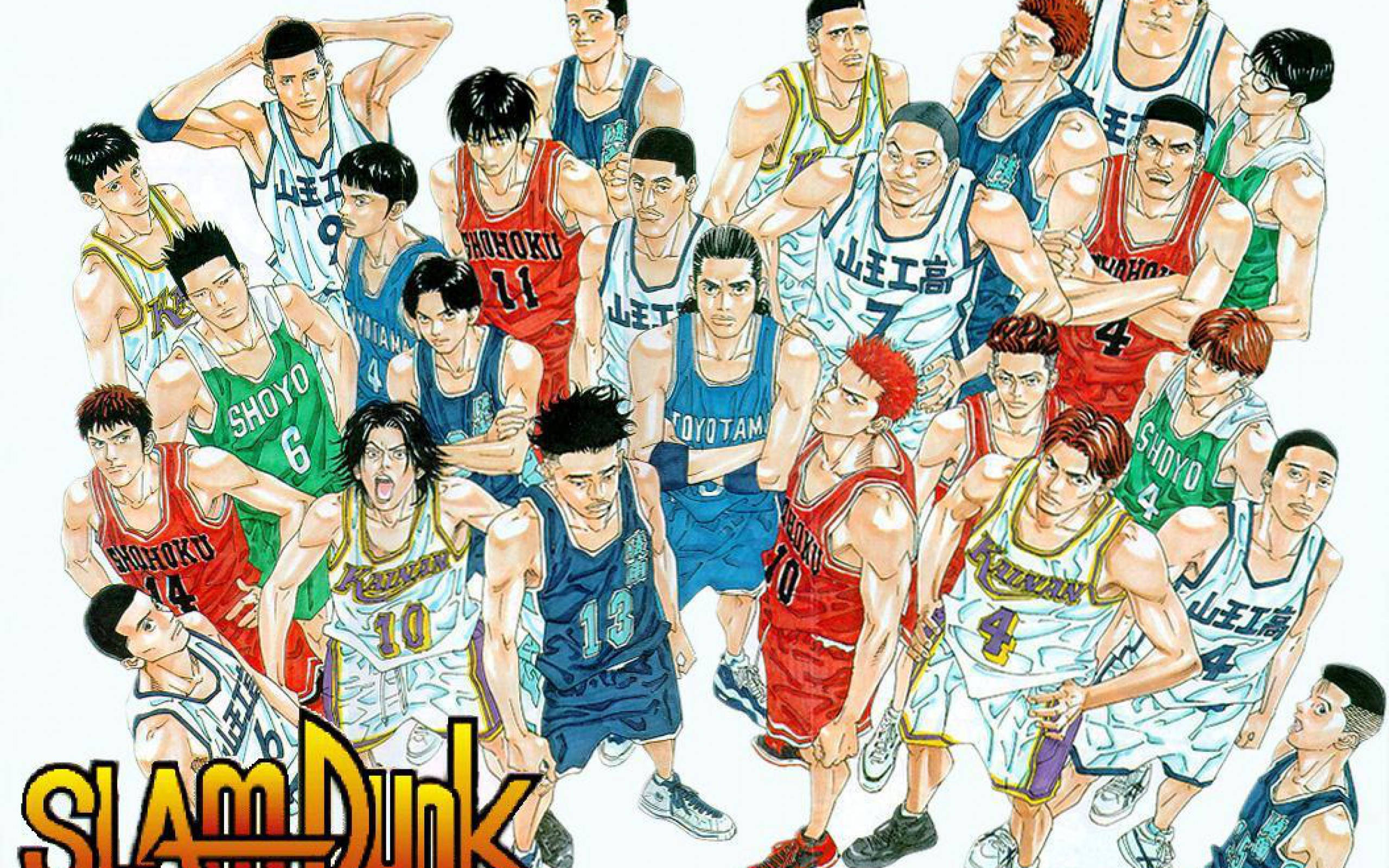 Slam Dunk, red blue and green jerseys, anime illustration, 2K Desktop Wallpaper