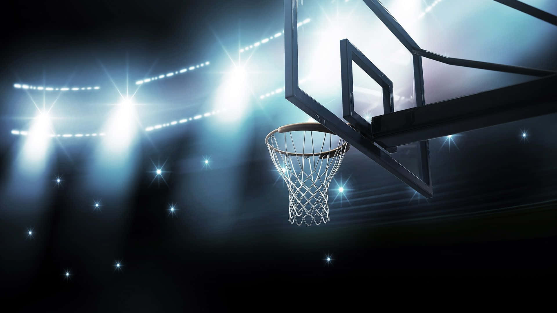 3D Basketball Slam Dunk, stadium lights, dark backdrop, Full HD Desktop Wallpaper