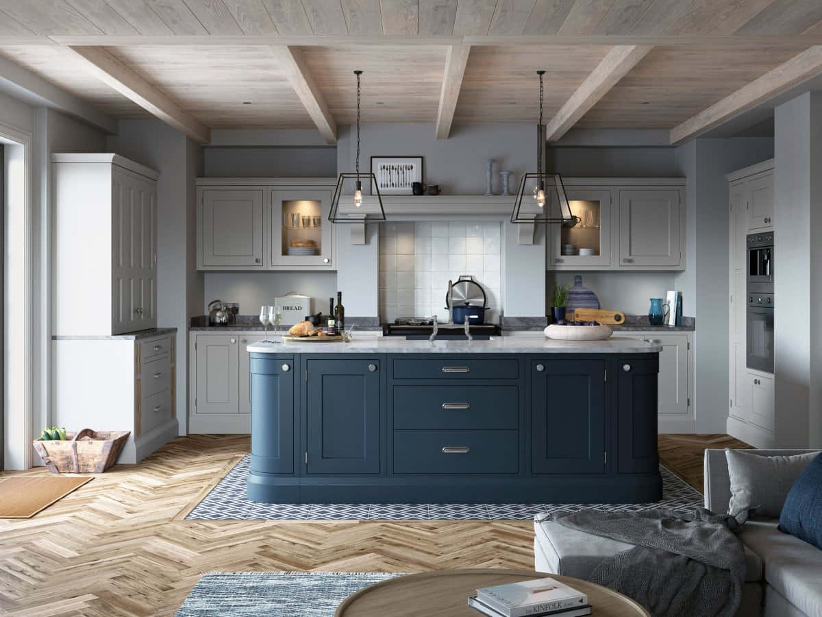 slate blue, navy blue island, herringbone wood floors, SD Desktop Wallpaper