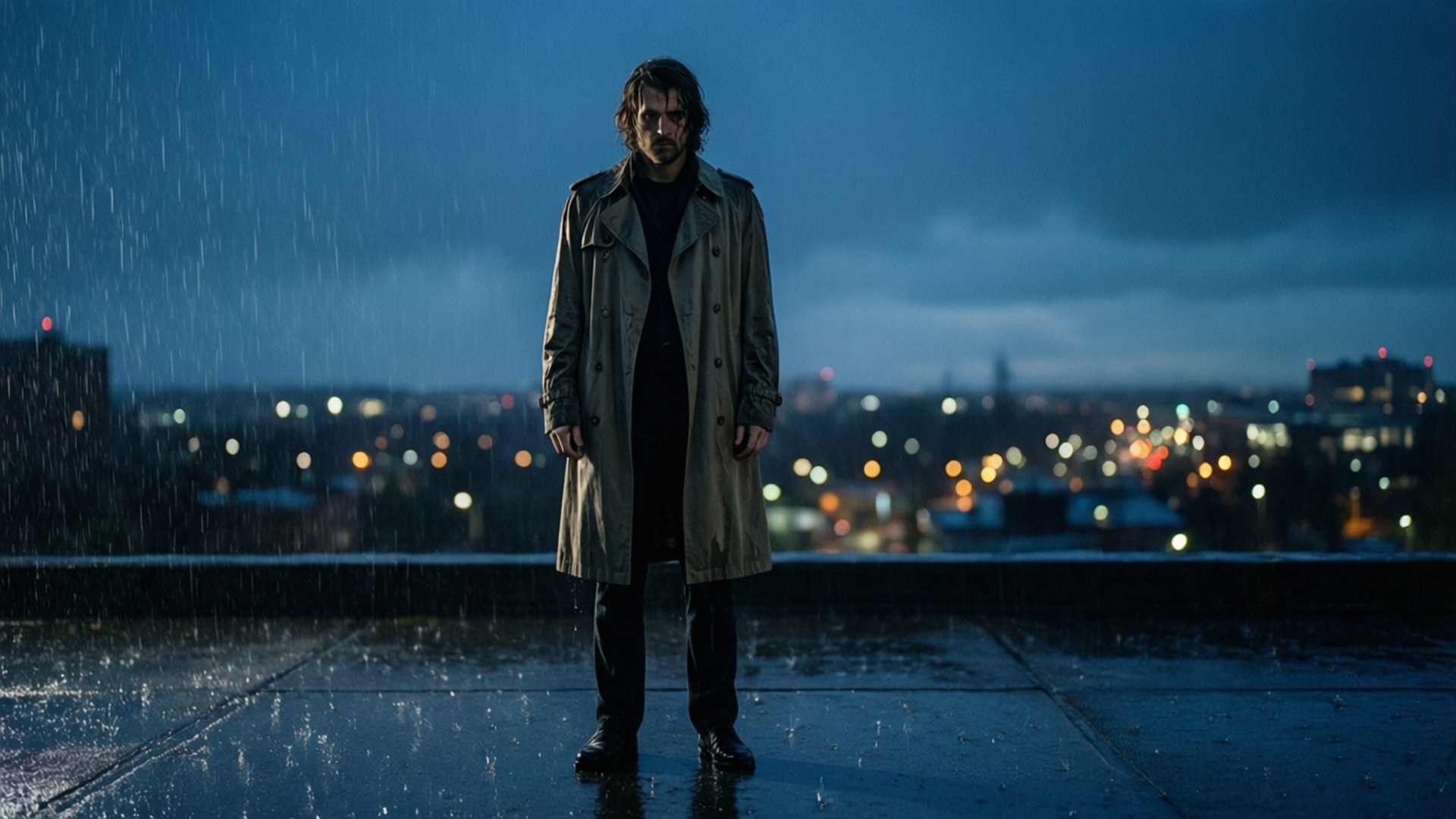 rainy city twilight, slate blue sky, glowing city lights, Full HD Desktop Wallpaper