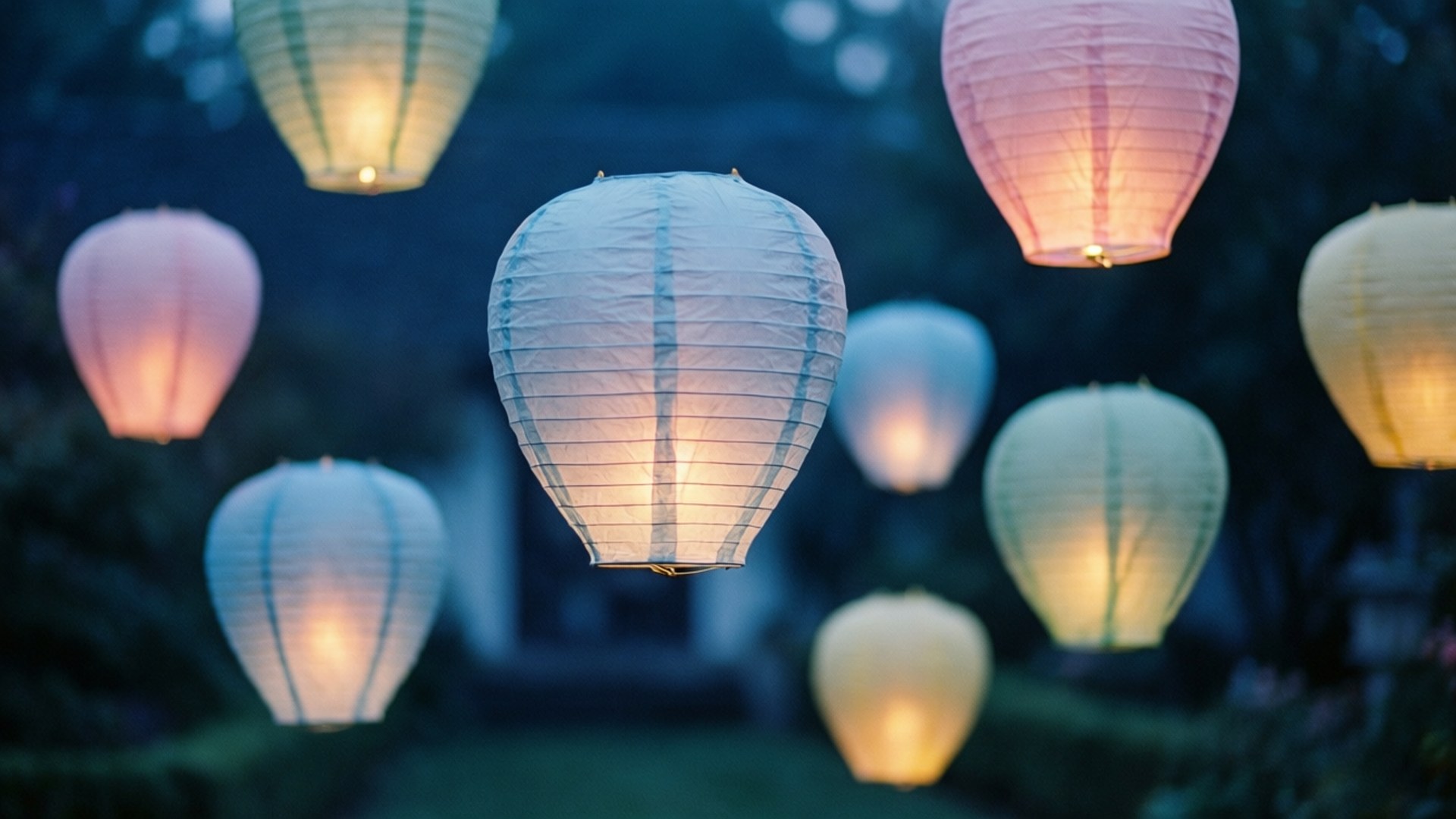 slate blue, floating lanterns, dreamy garden scene, Full HD Desktop Wallpaper
