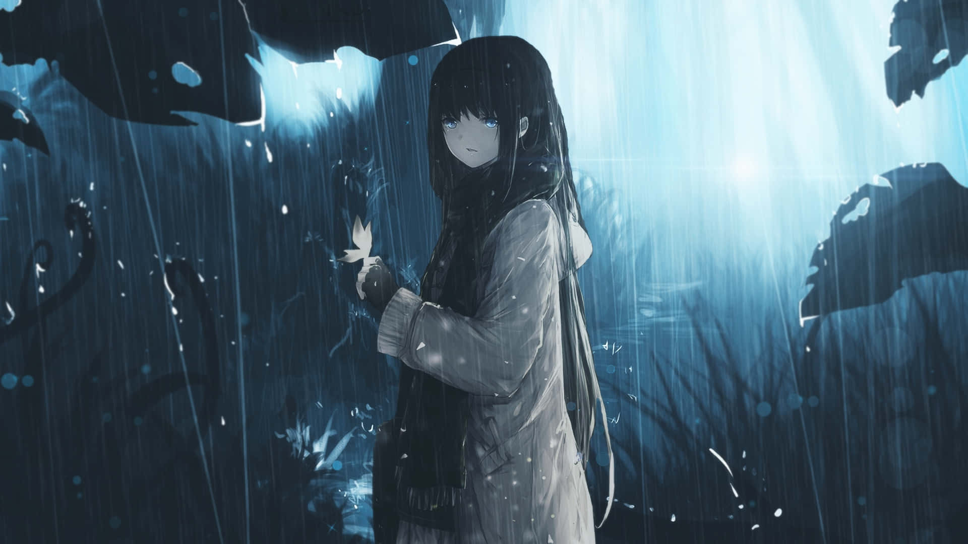 anime girl, rain-soaked coat, glowing flower, Full HD Desktop Wallpaper