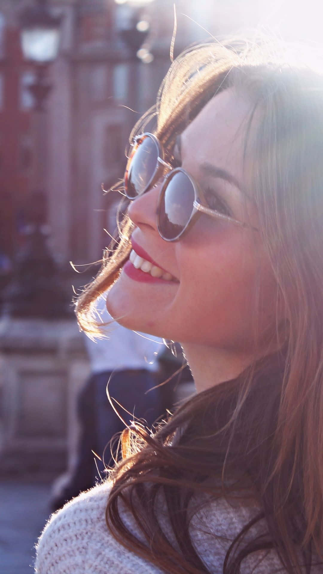 Sunny Smile Sunglasses Woman, golden sunlight, long brown hair, Full HD Phone Wallpaper