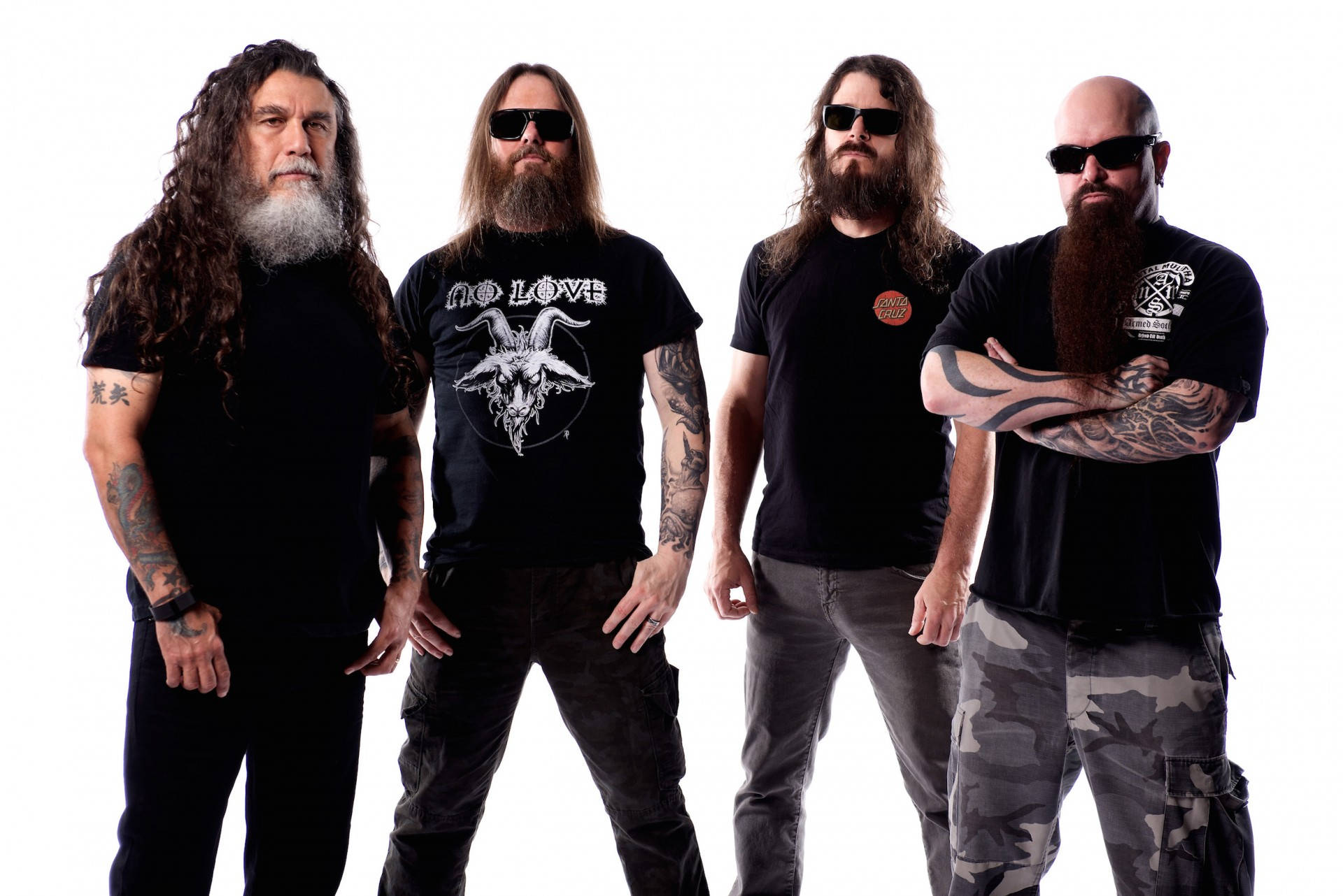 Slayer, black shirts, bearded men, Full HD Desktop Wallpaper