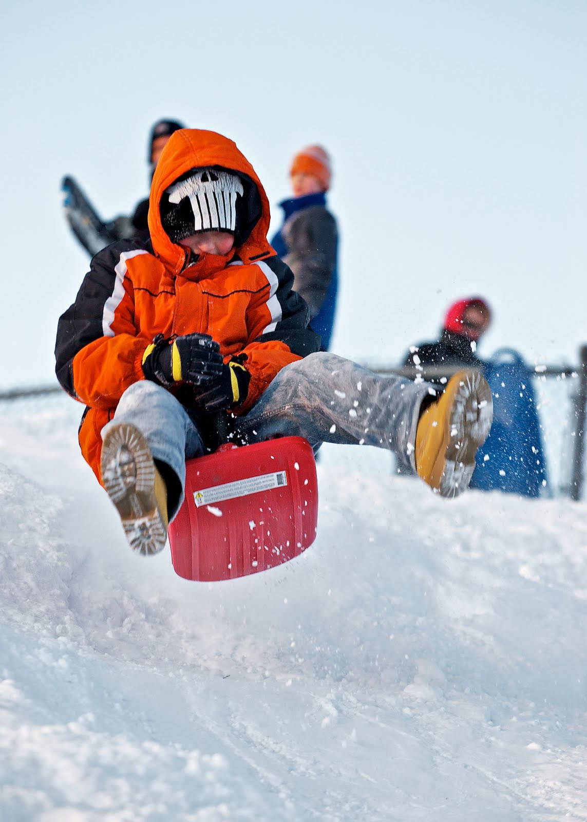 boy, bright orange snowsuit, skull mask, HD Phone Wallpaper