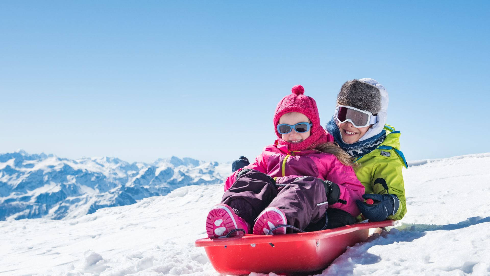 mother and daughter, red sled, snowy mountain, Full HD Desktop Wallpaper