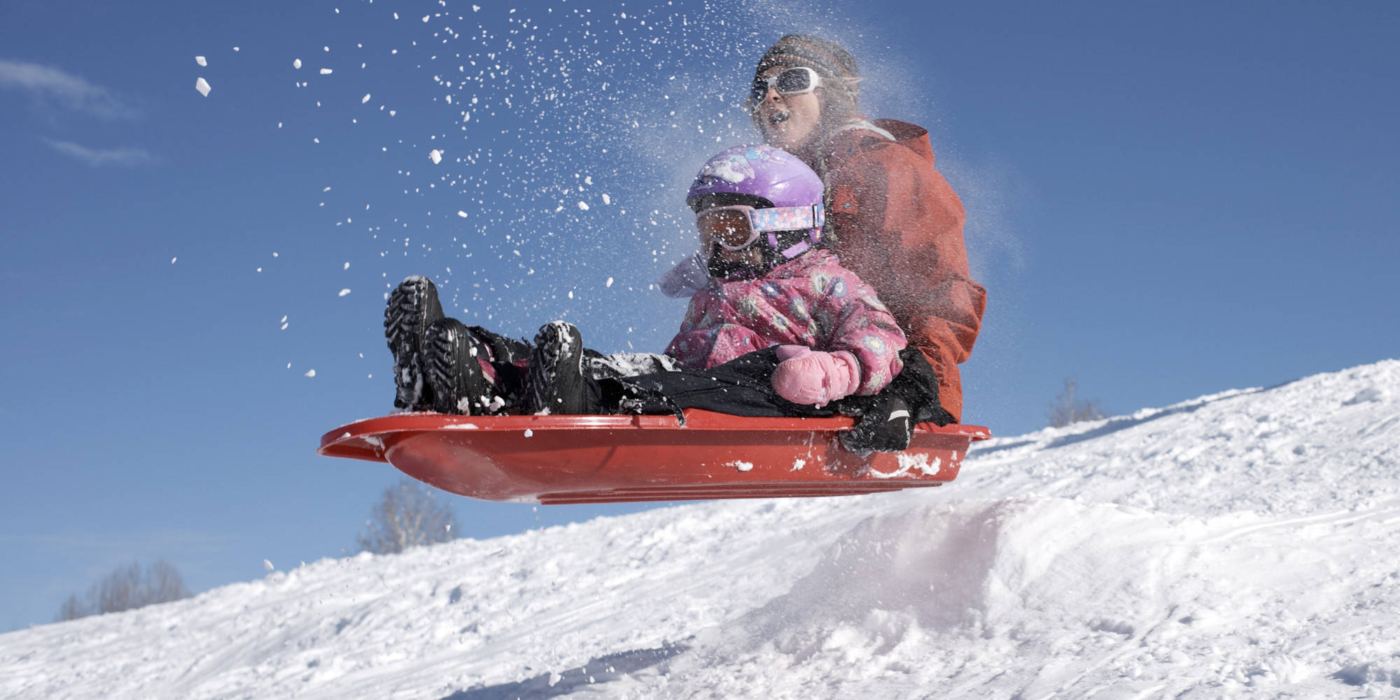 duo tandem sledding, red sled, snowy hill, Full HD Desktop Wallpaper