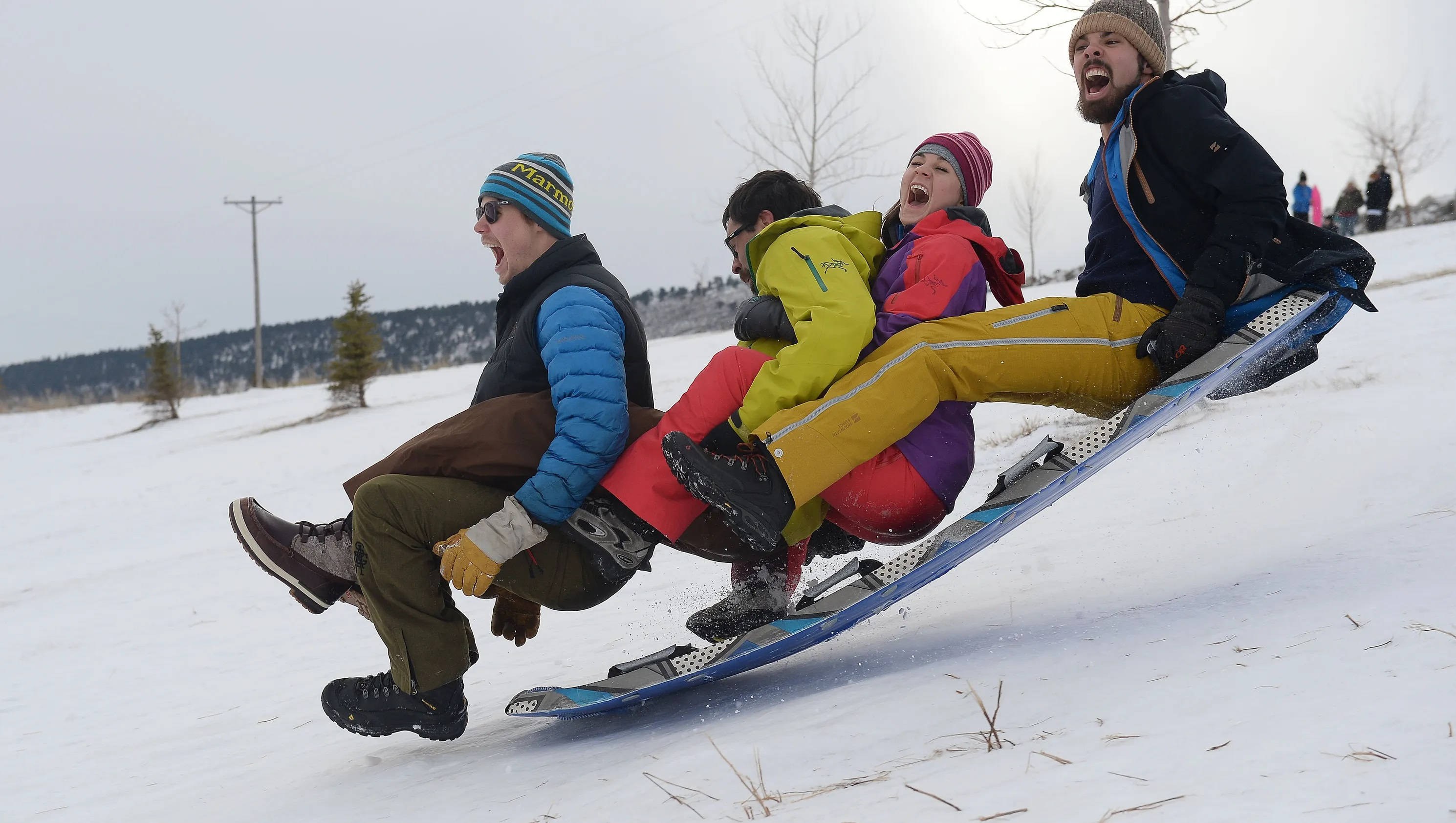 Sledding Friends Bump, sledding, snowy hill, 2K Desktop Wallpaper
