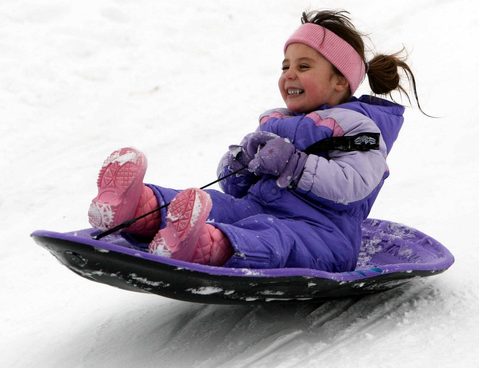 little girl, purple snowsuit, pink boots, HD Desktop Wallpaper