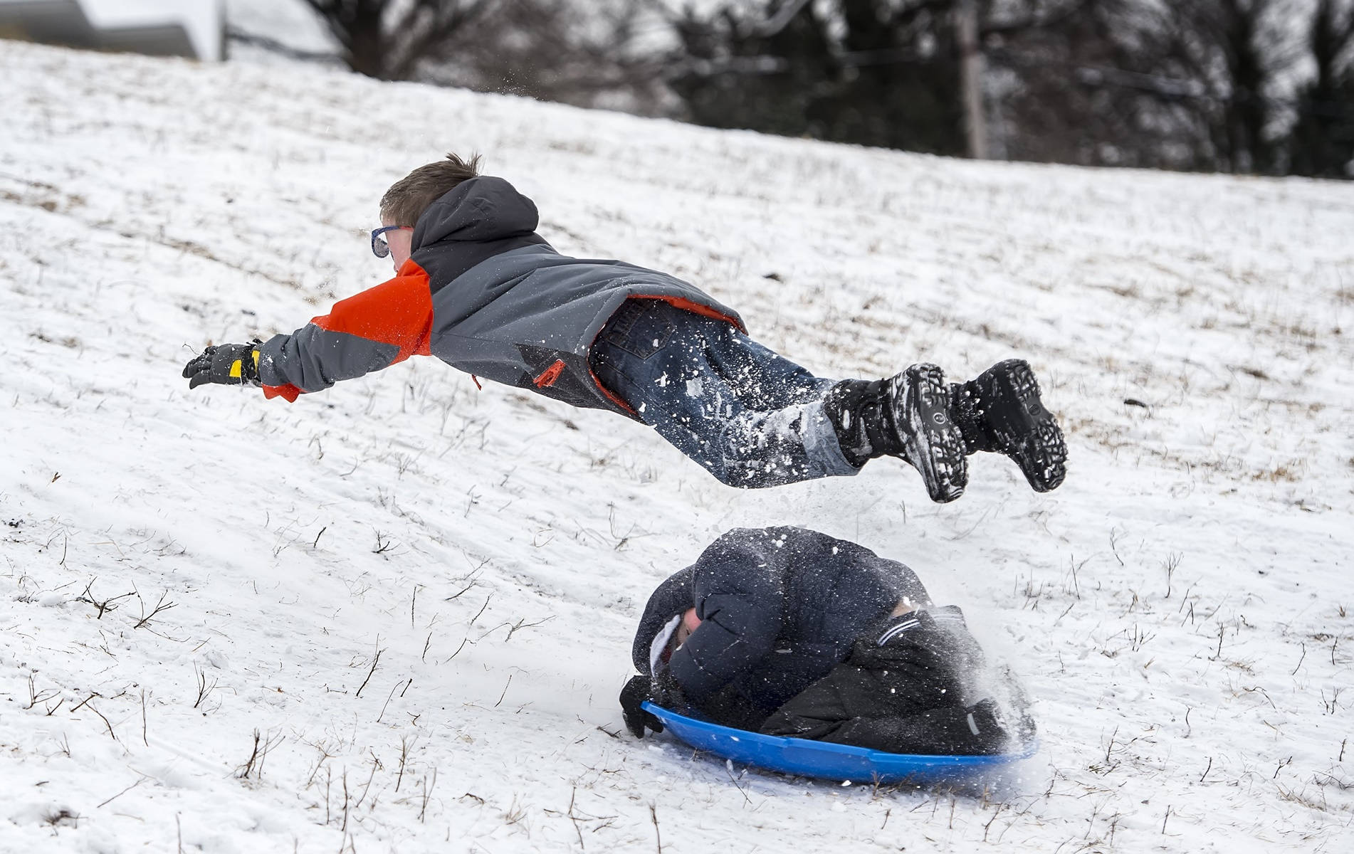 boy, sledding, snow-covered hill, HD Desktop Wallpaper