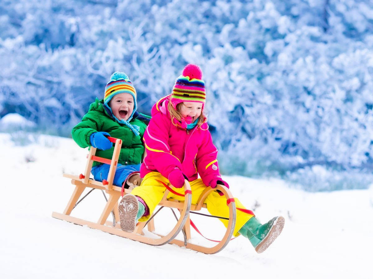 children, colorful winter gear, snowy hill, SD Desktop Wallpaper