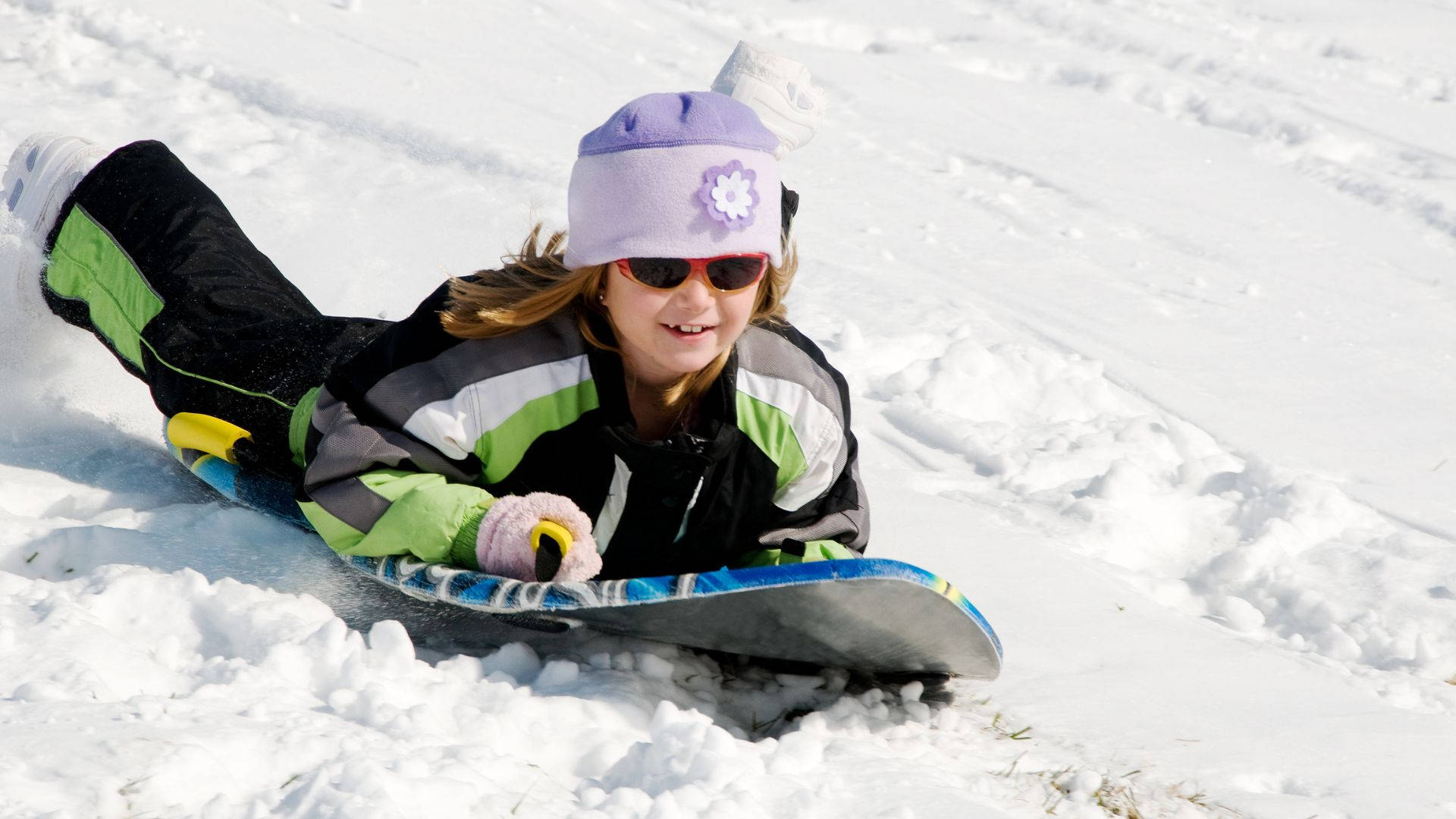 cute little girl, sledding, winter gear, Full HD Desktop Wallpaper