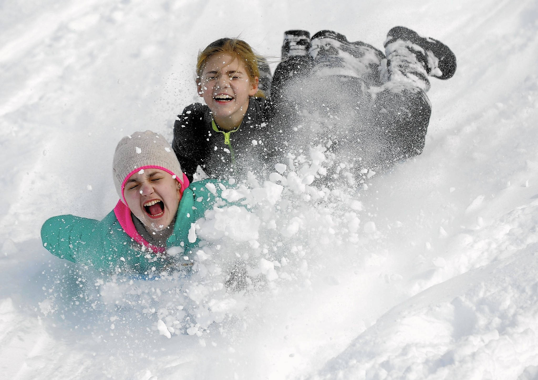 girls, sledding, snow, Full HD Desktop Wallpaper
