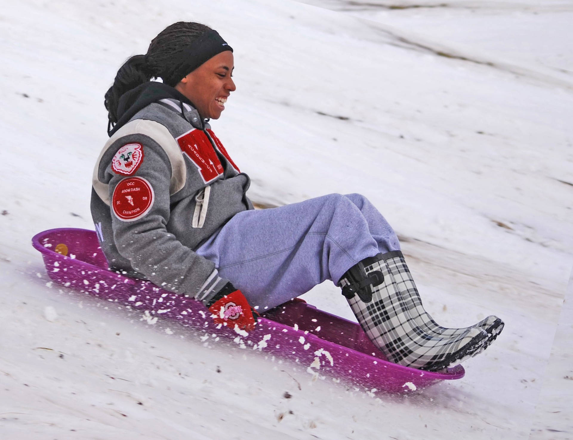 girl, smiling, sledding, Full HD Desktop Wallpaper