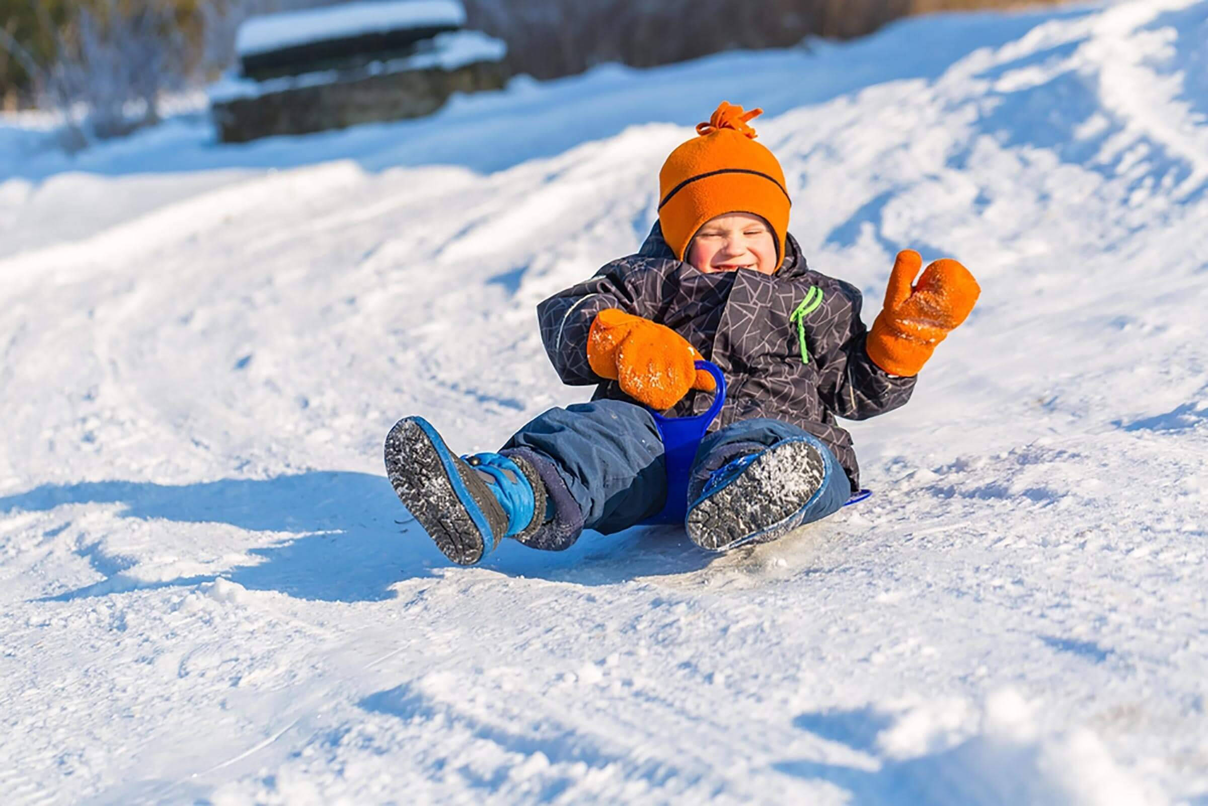 little boy, sledding, snowy hill, Full HD Desktop Wallpaper