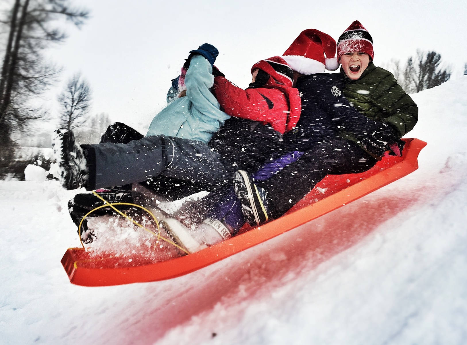 kids, sledding, snowy hill, HD Desktop Wallpaper