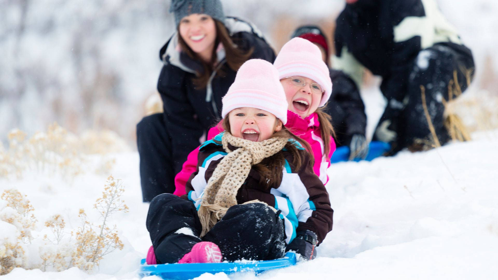 Happy Family Winter Sledding, snowy hill, children, Full HD Desktop Wallpaper
