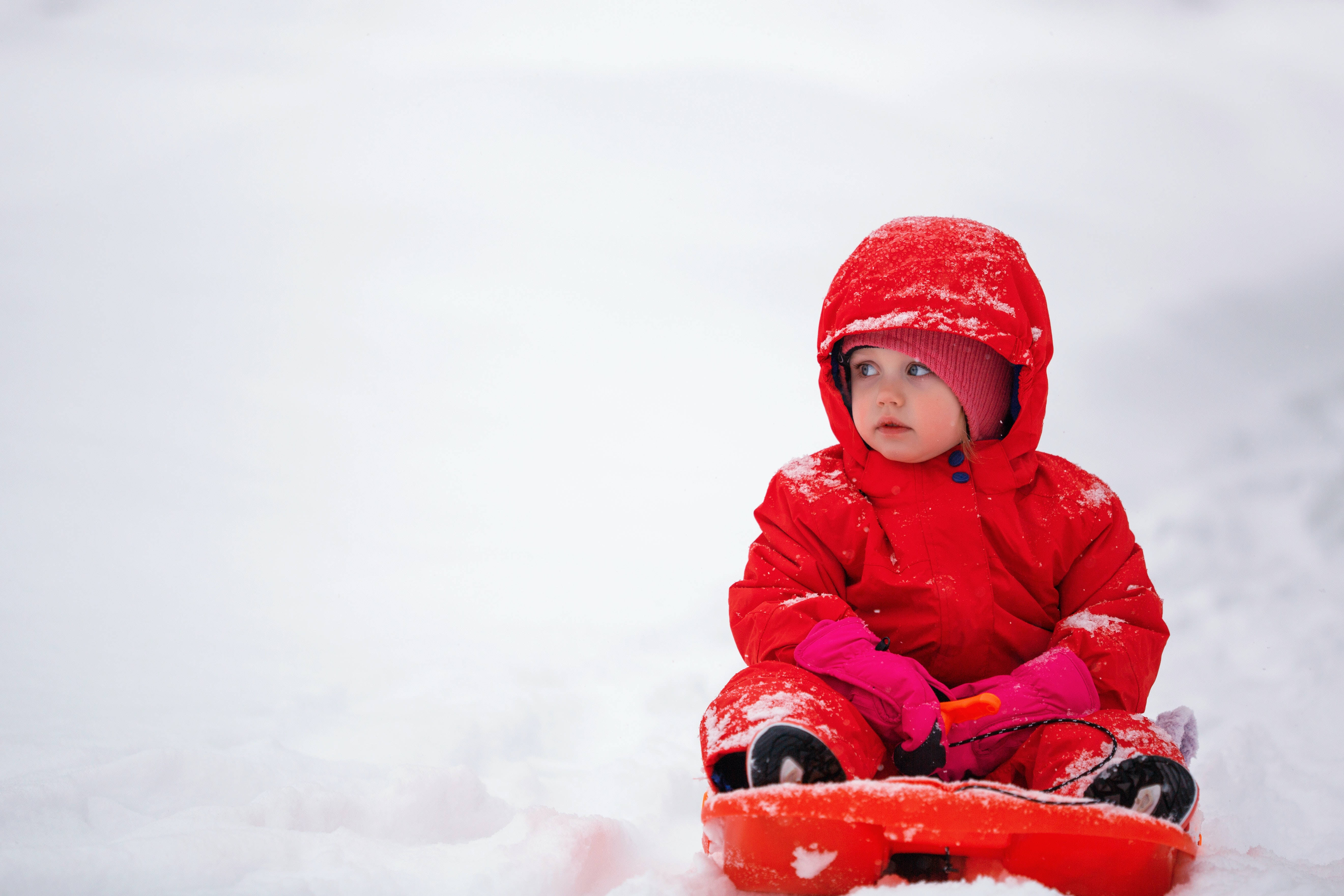 red snowsuit, sled, snowy field, 5K Desktop Wallpaper