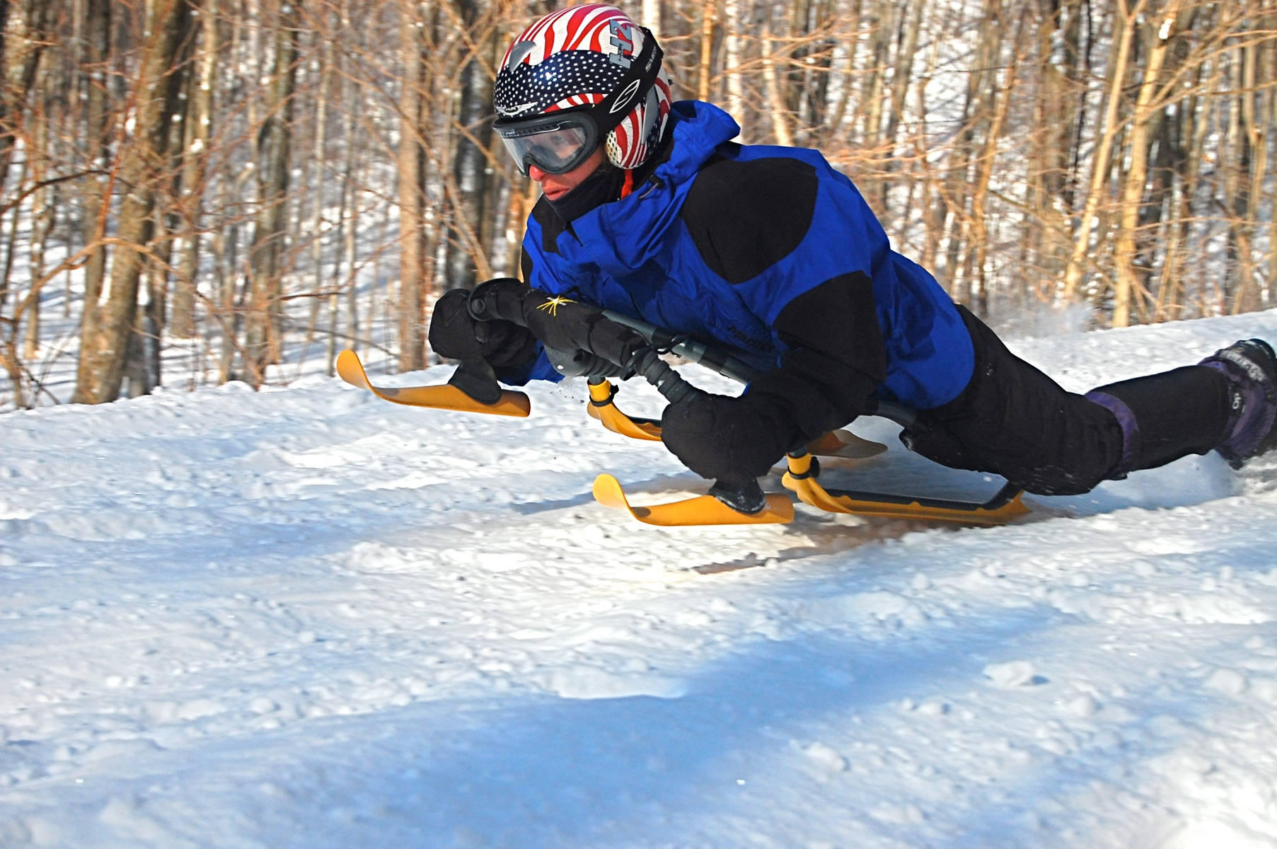 blue jacket, patriotic helmet, snowy forest trail, HD Desktop Wallpaper