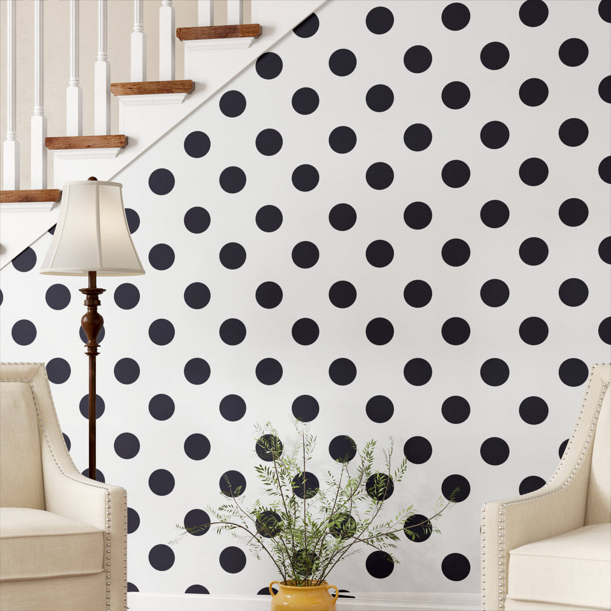 Sleek Dots, black polka dot wallpaper, staircase, Full HD Desktop Wallpaper