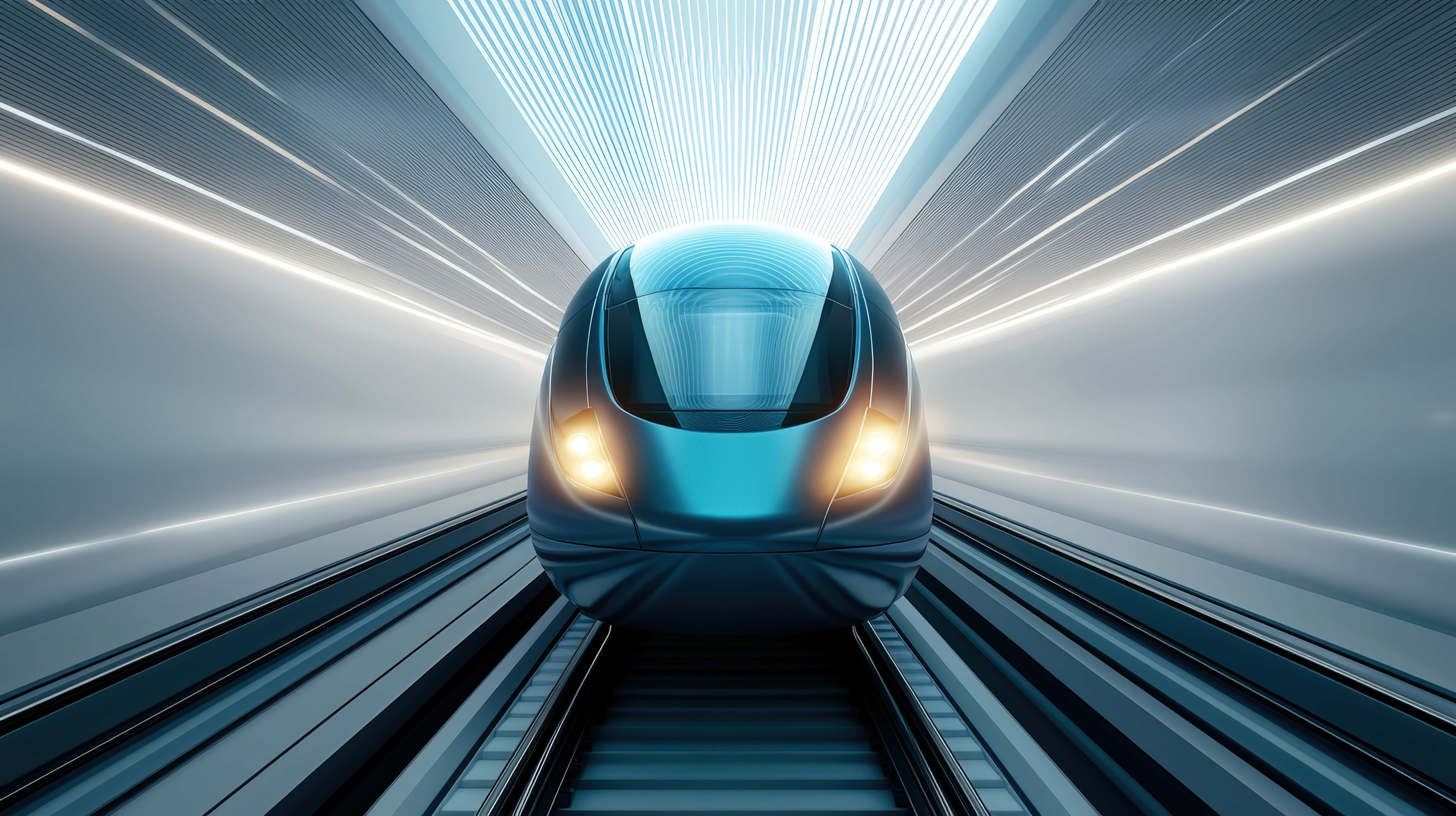 sleek blue high-speed train, futuristic tunnel, glowing white light streaks, 8K Desktop Wallpaper