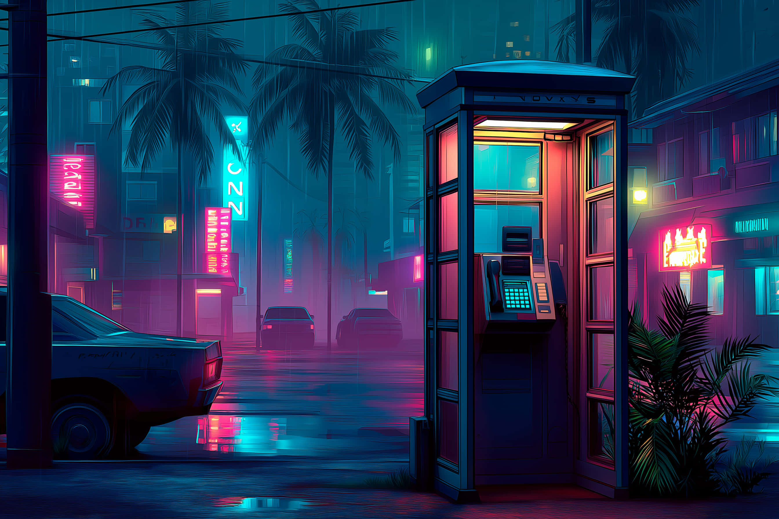 neon-lit street, rain-slicked, palm trees, 2K Desktop Wallpaper