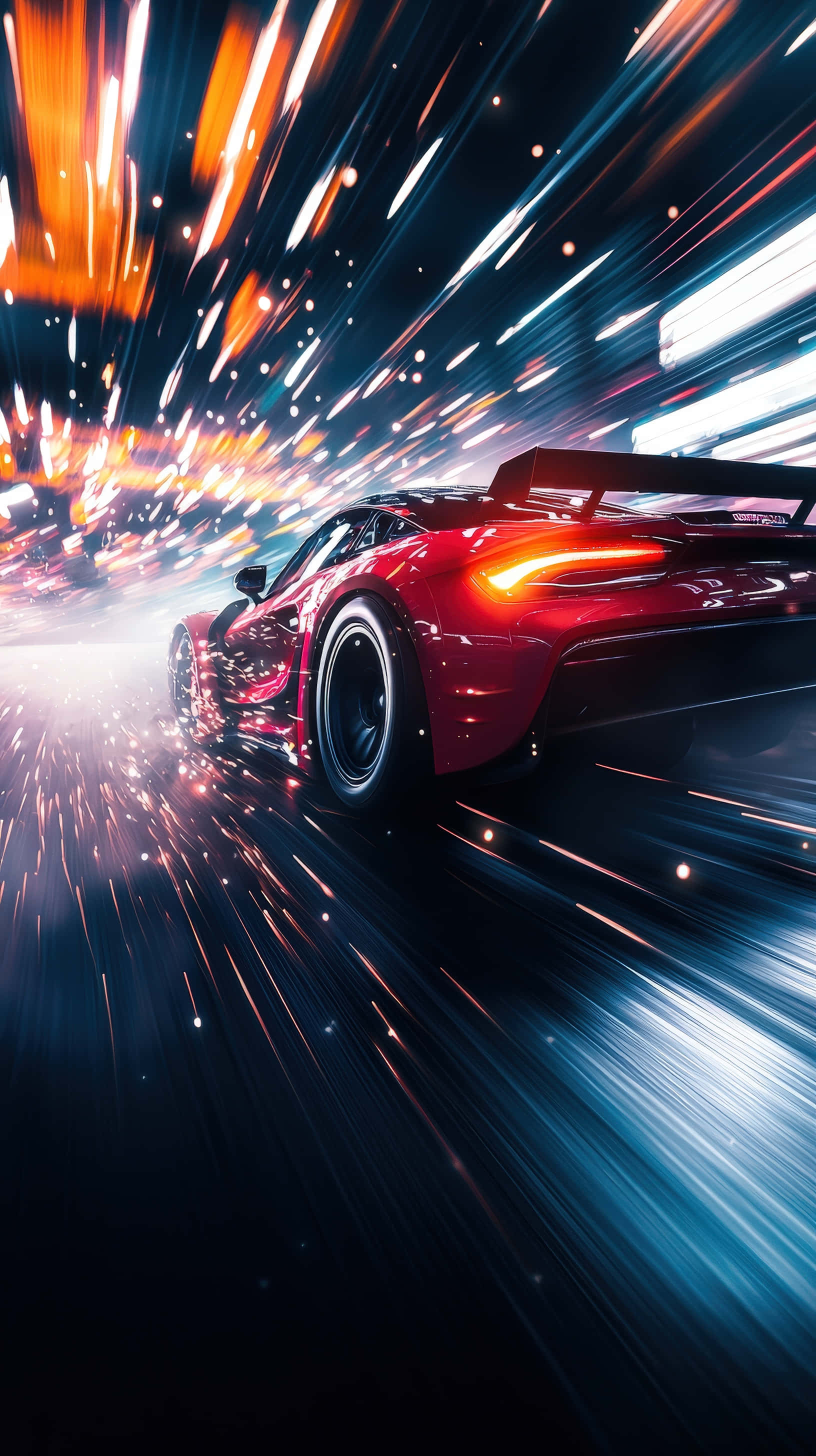 red sports car, neon-lit tunnel, streaking lights, 2K Phone Wallpaper