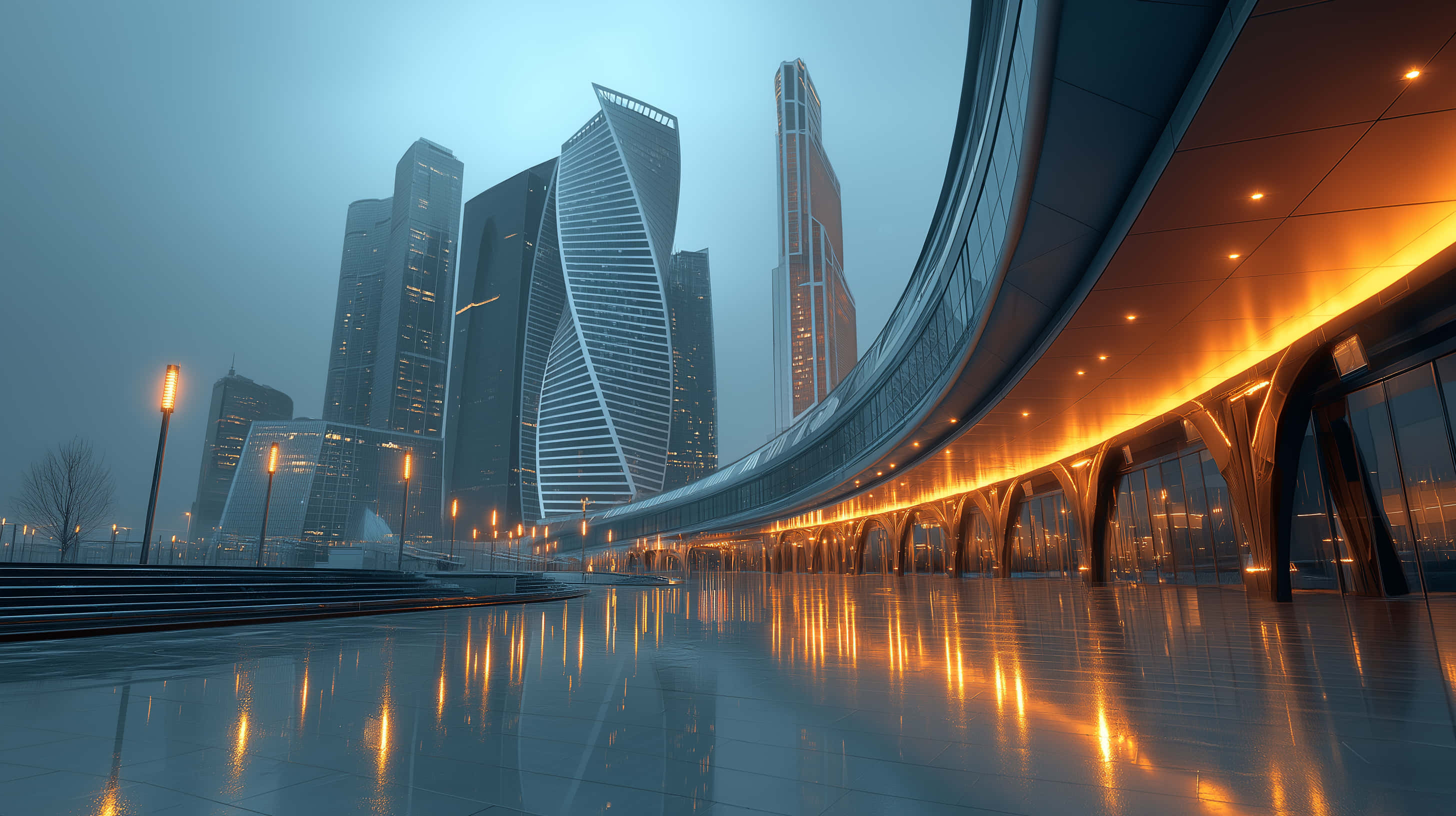 futuristic cityscape, dusk, glowing orange lights, 2K Desktop Wallpaper