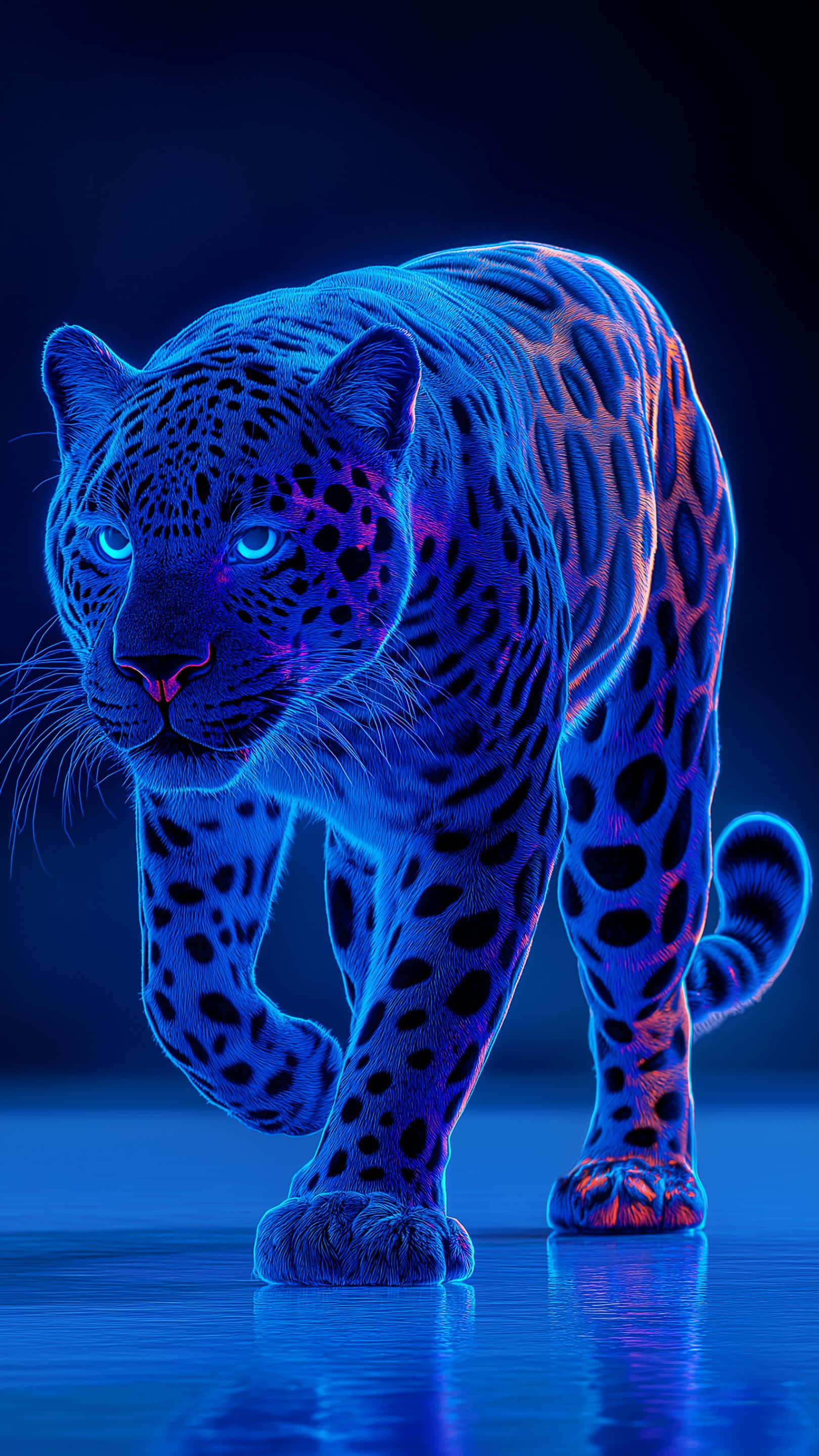 neon blue jaguar, piercing glowing eyes, reflective surface, 2K Phone Wallpaper