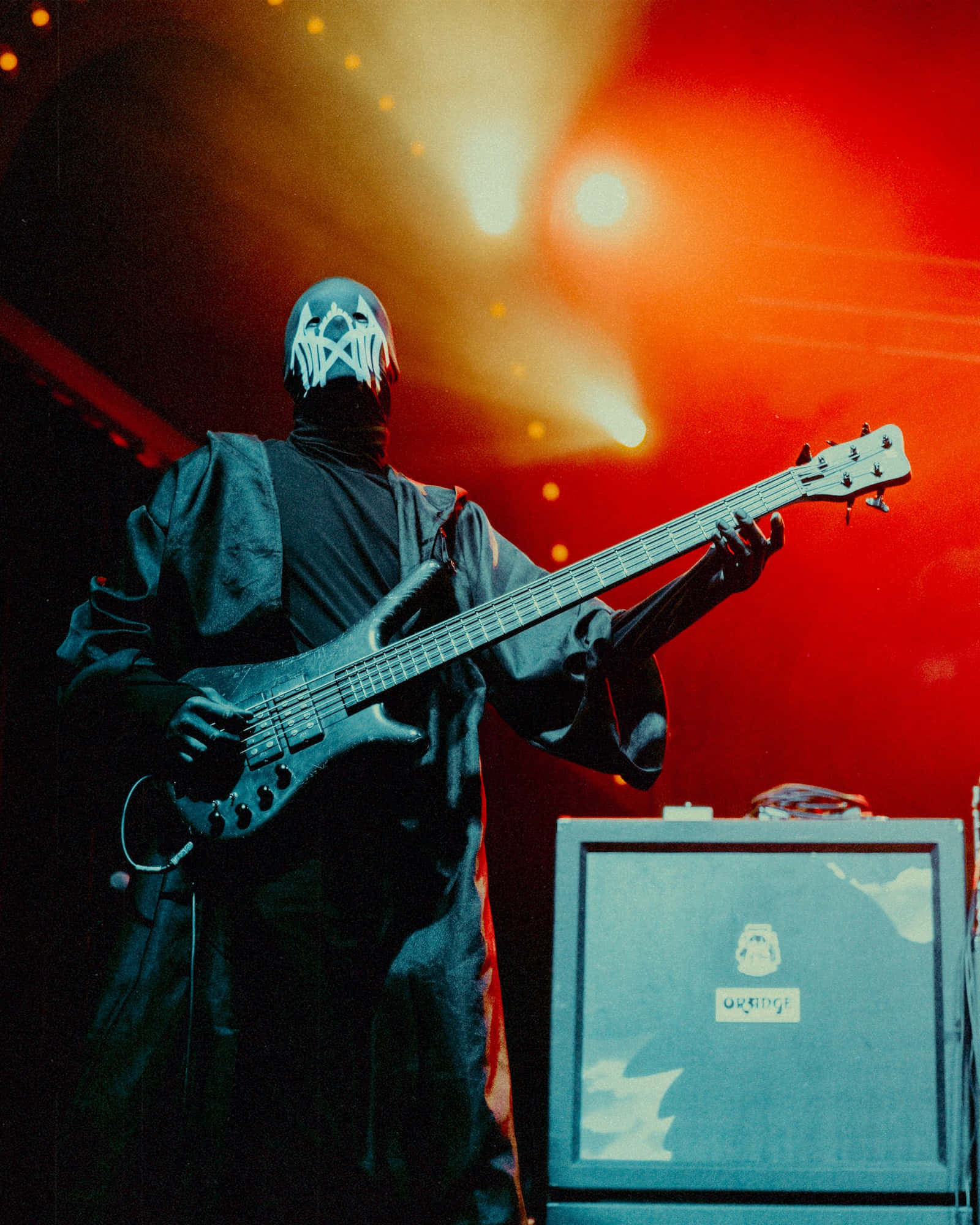 masked musician, black robes, bass guitar, Full HD Phone Wallpaper
