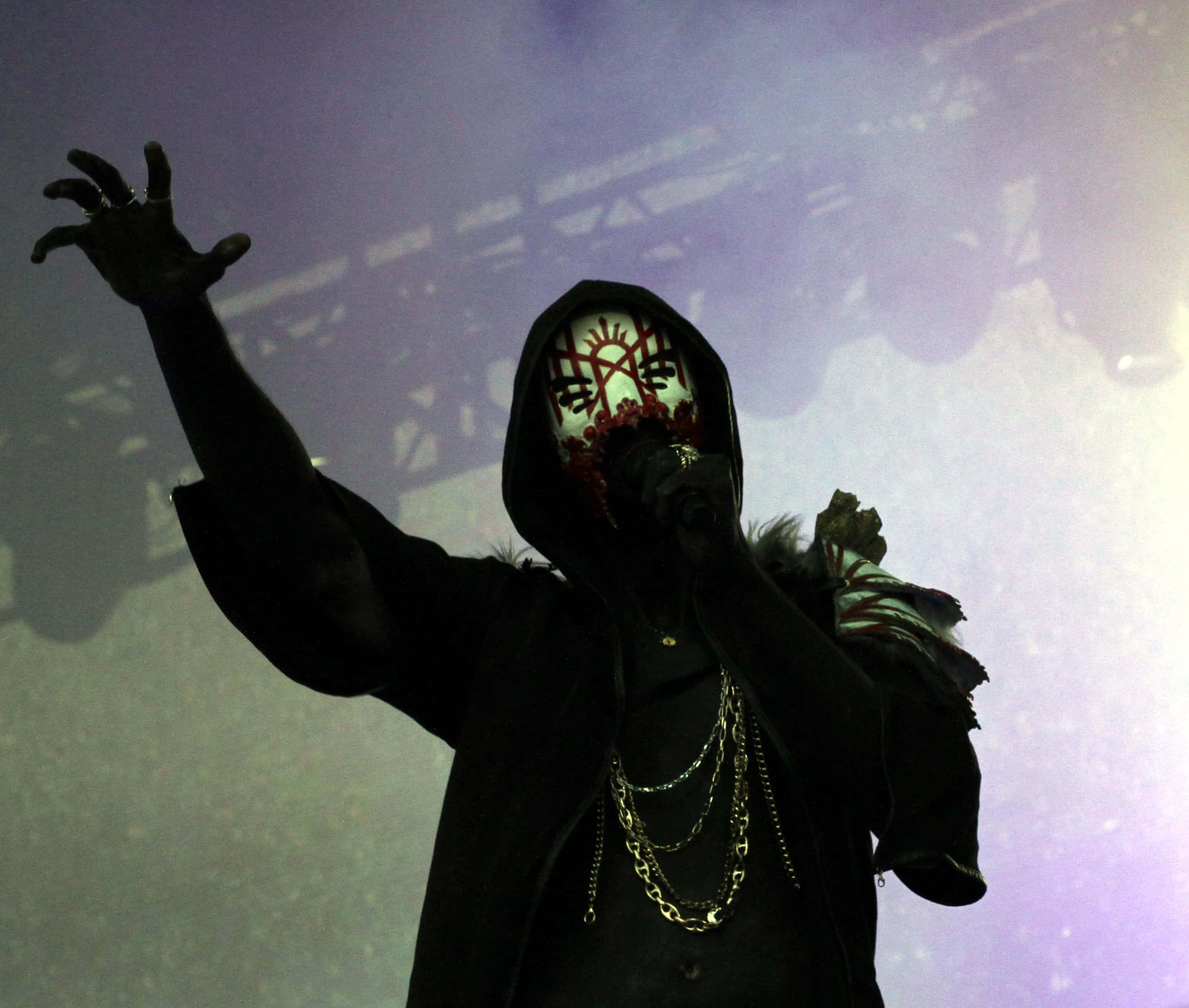masked silhouette, black hoodie, purple stage lights, 2K Desktop Wallpaper