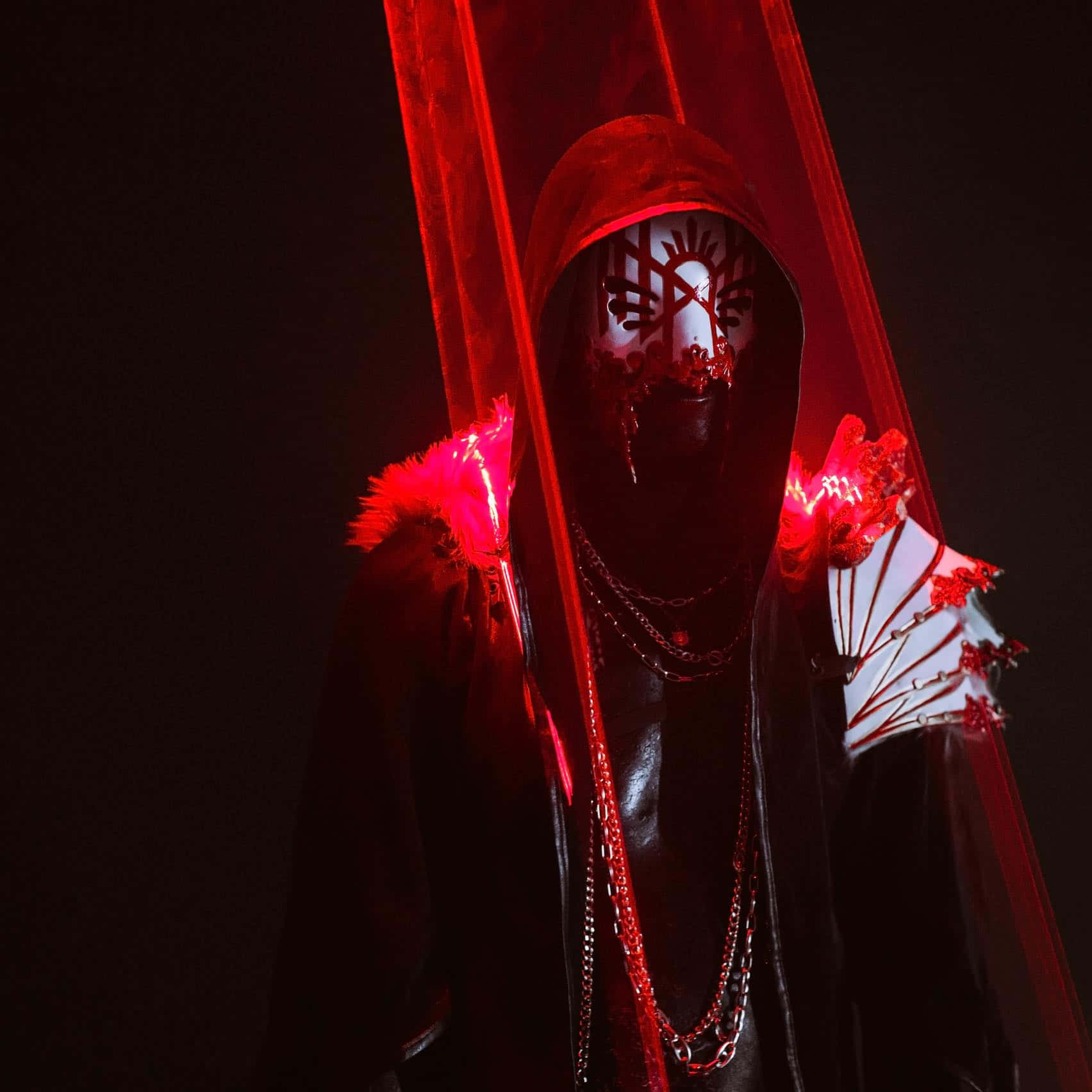 black hooded robe, white mask, red glowing accents, HD Desktop Wallpaper