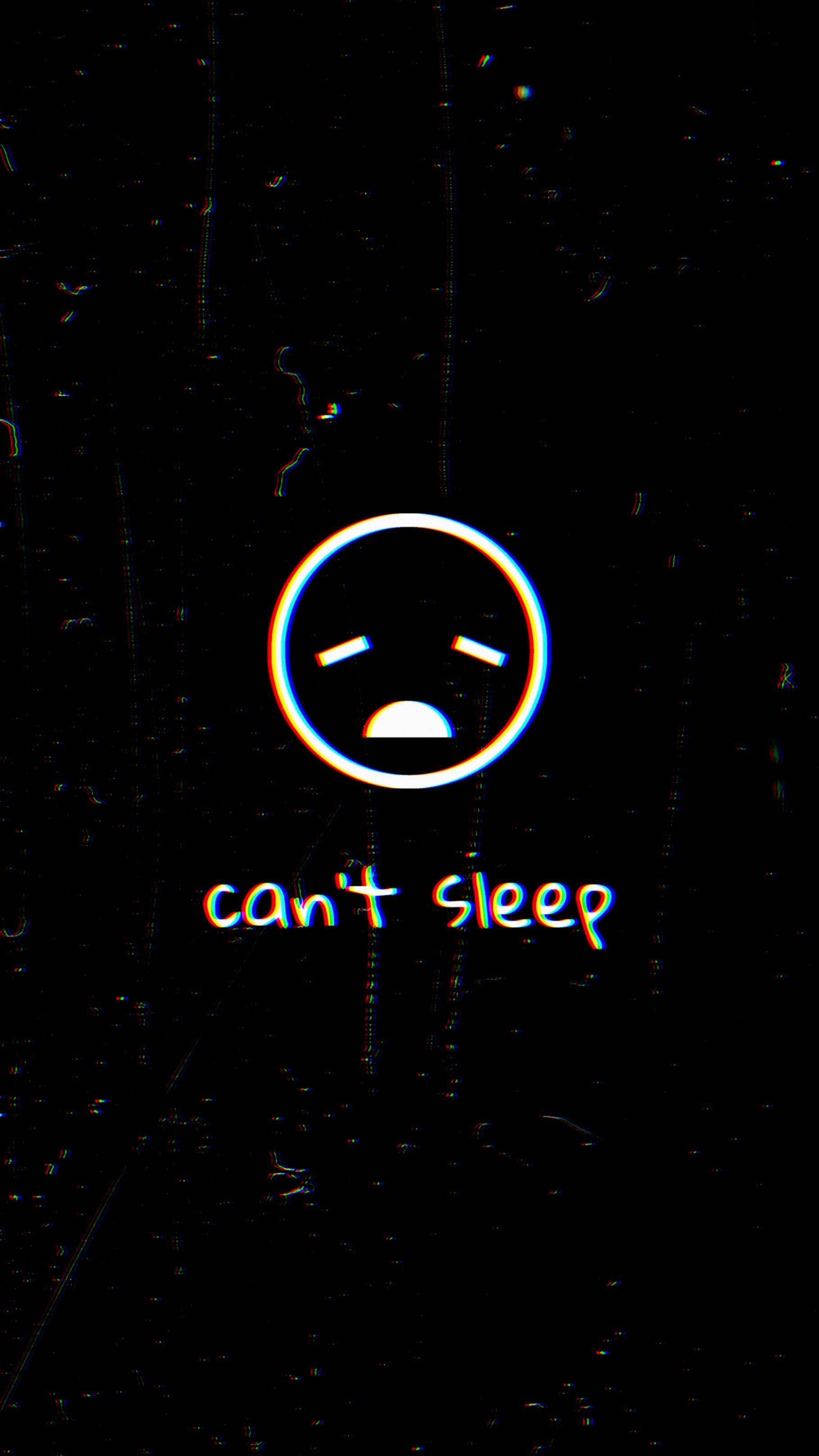 exhausted sleep emoji, glowing sad face icon, can't sleep text, 2K Phone Wallpaper