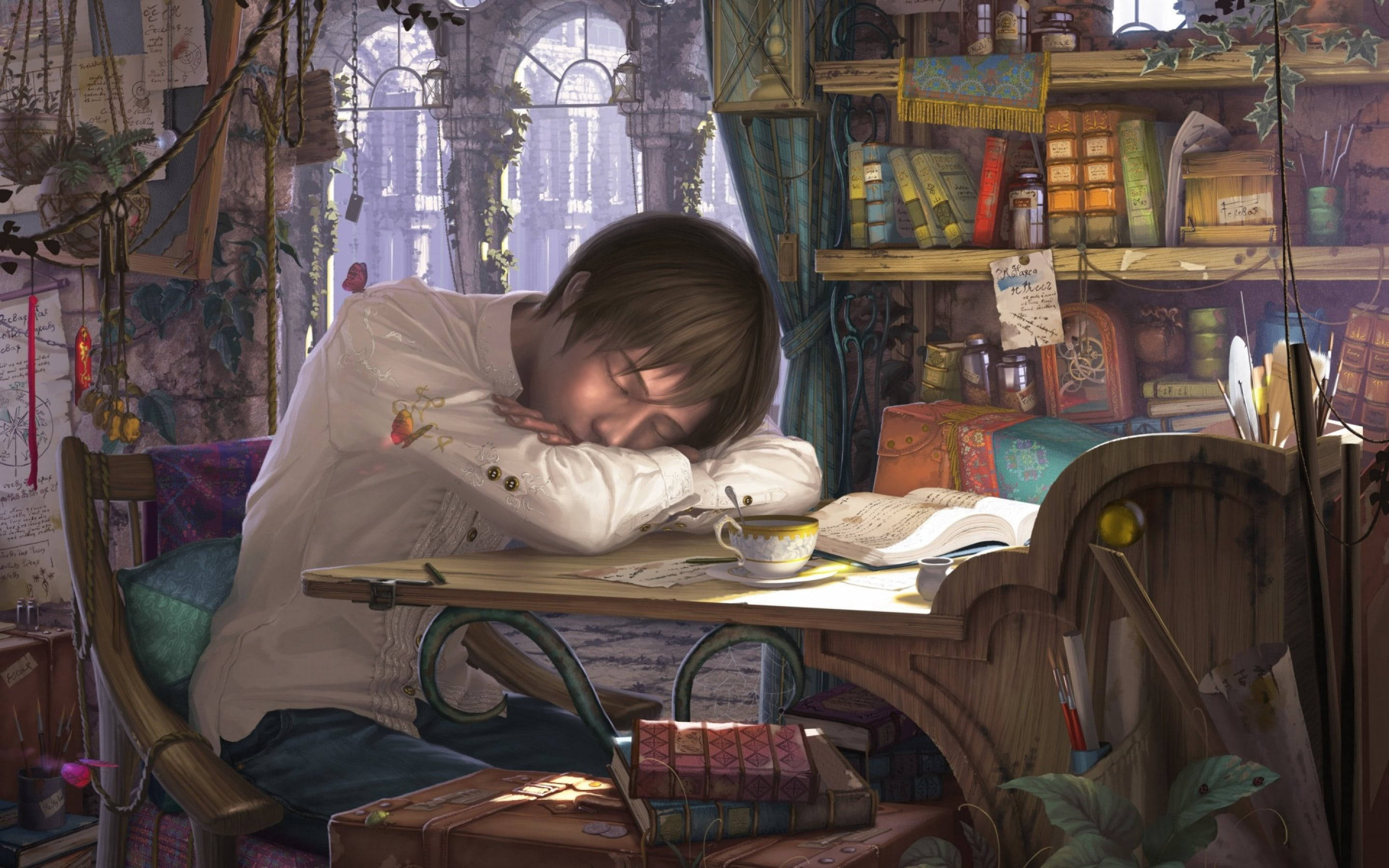 3D boy, cluttered wooden desk, sunlit study, 2K Desktop Wallpaper