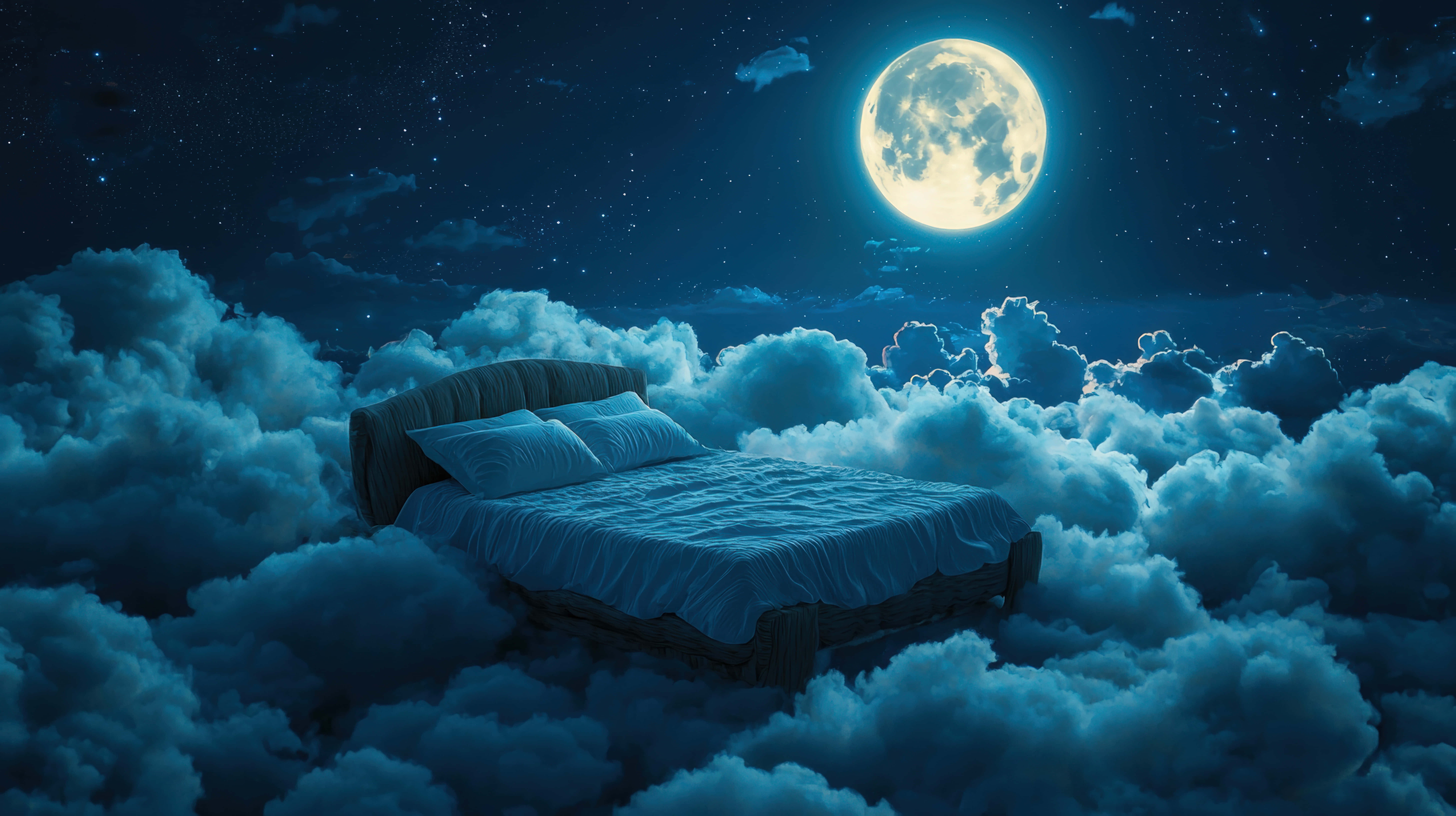 floating bed, fluffy clouds, full moon, 8K Desktop Wallpaper