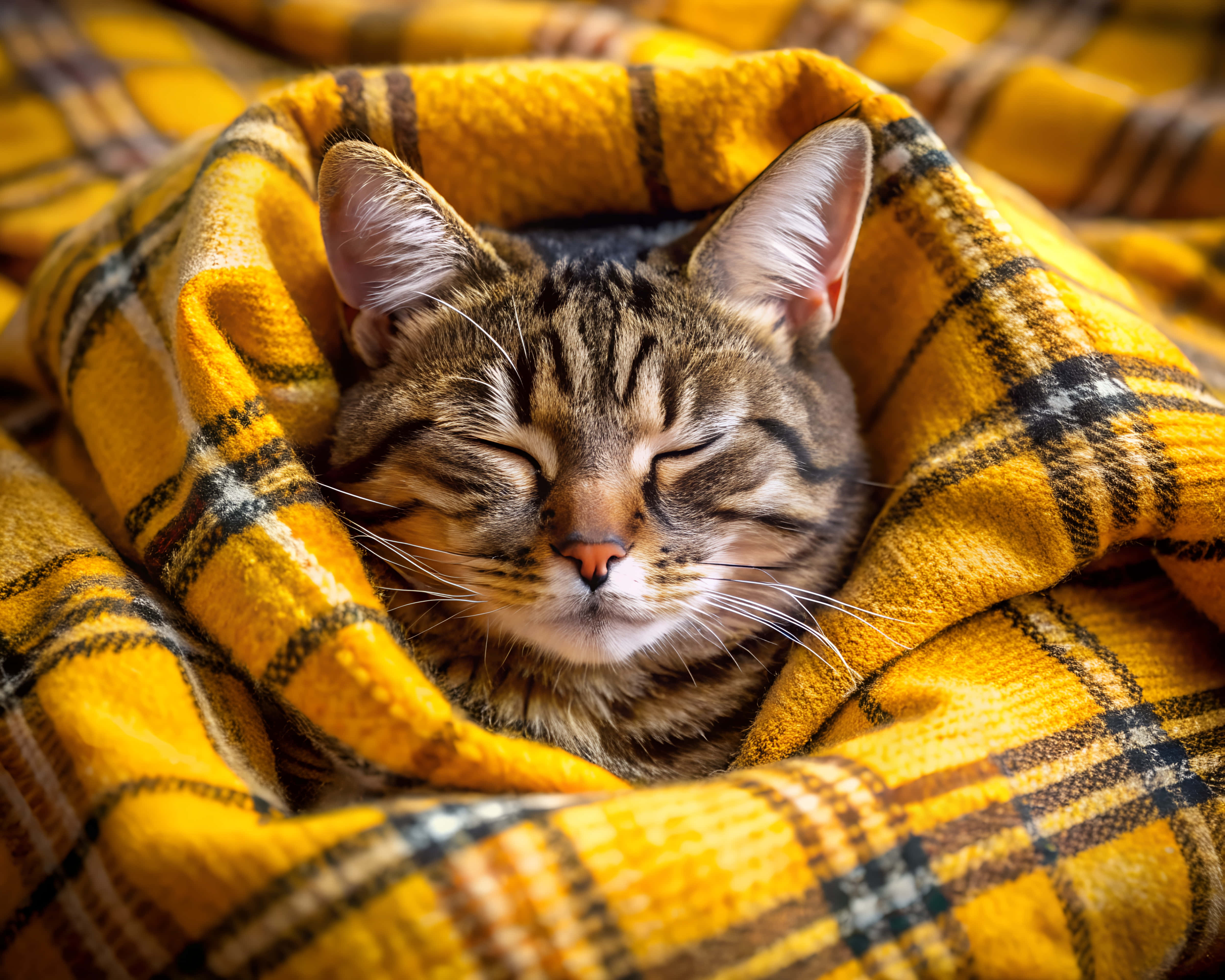tabby cat, closed eyes, vibrant yellow plaid blanket, 4K Desktop Wallpaper