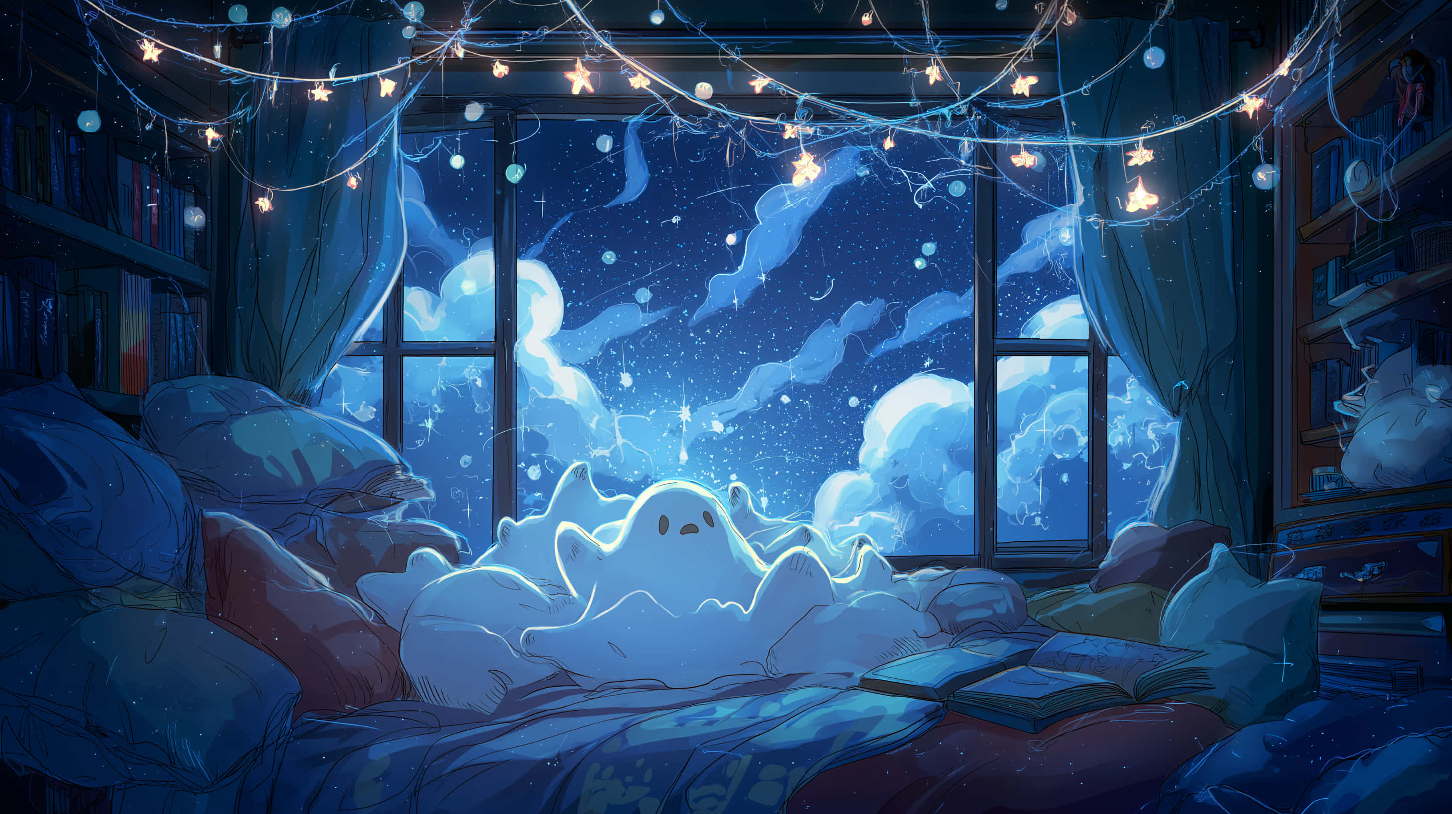 cozy ghost, bedroom at night, glowing ghostly figure, 2K Desktop Wallpaper