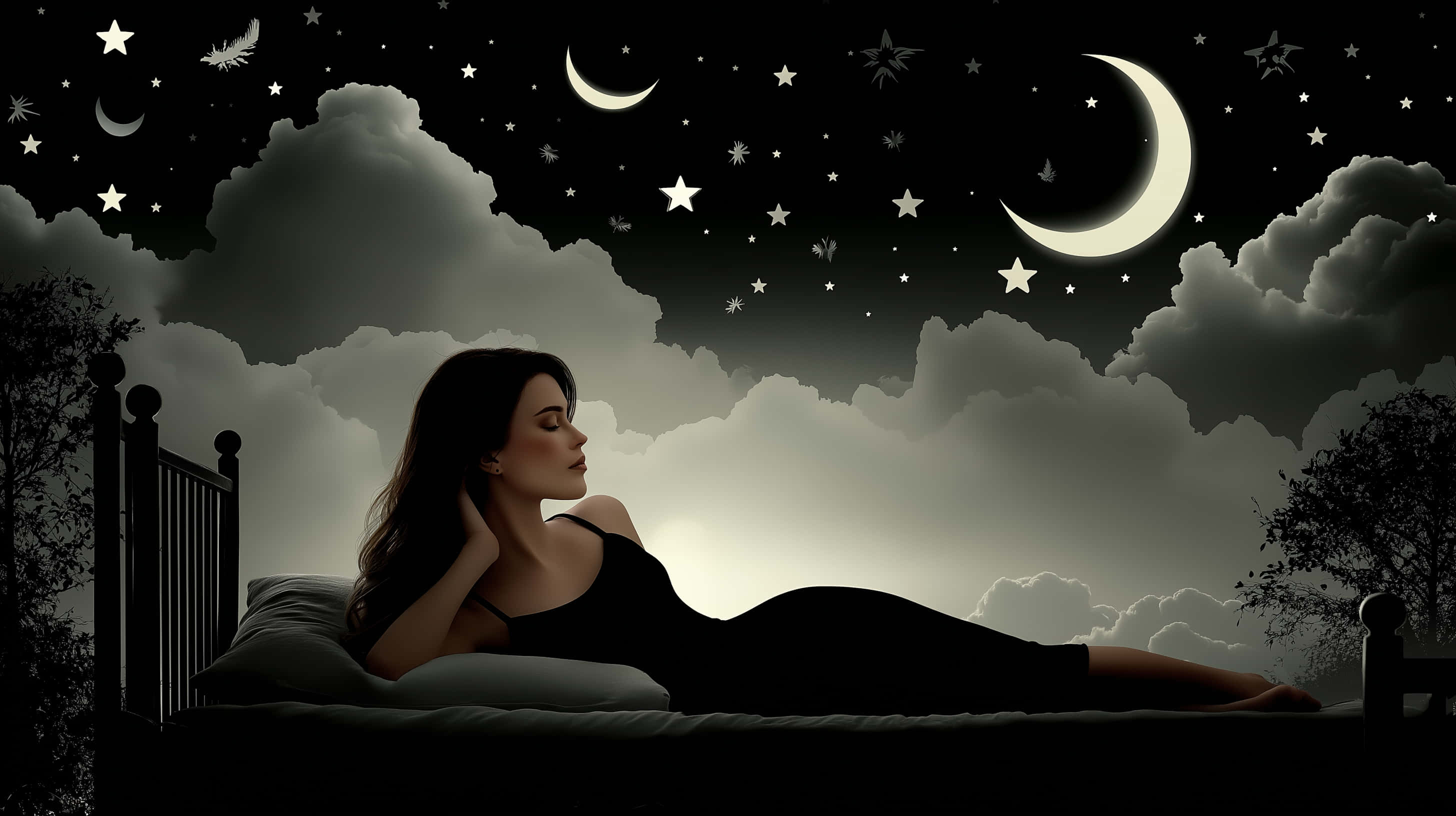 woman, starry night sky, crescent moons, 2K Desktop Wallpaper