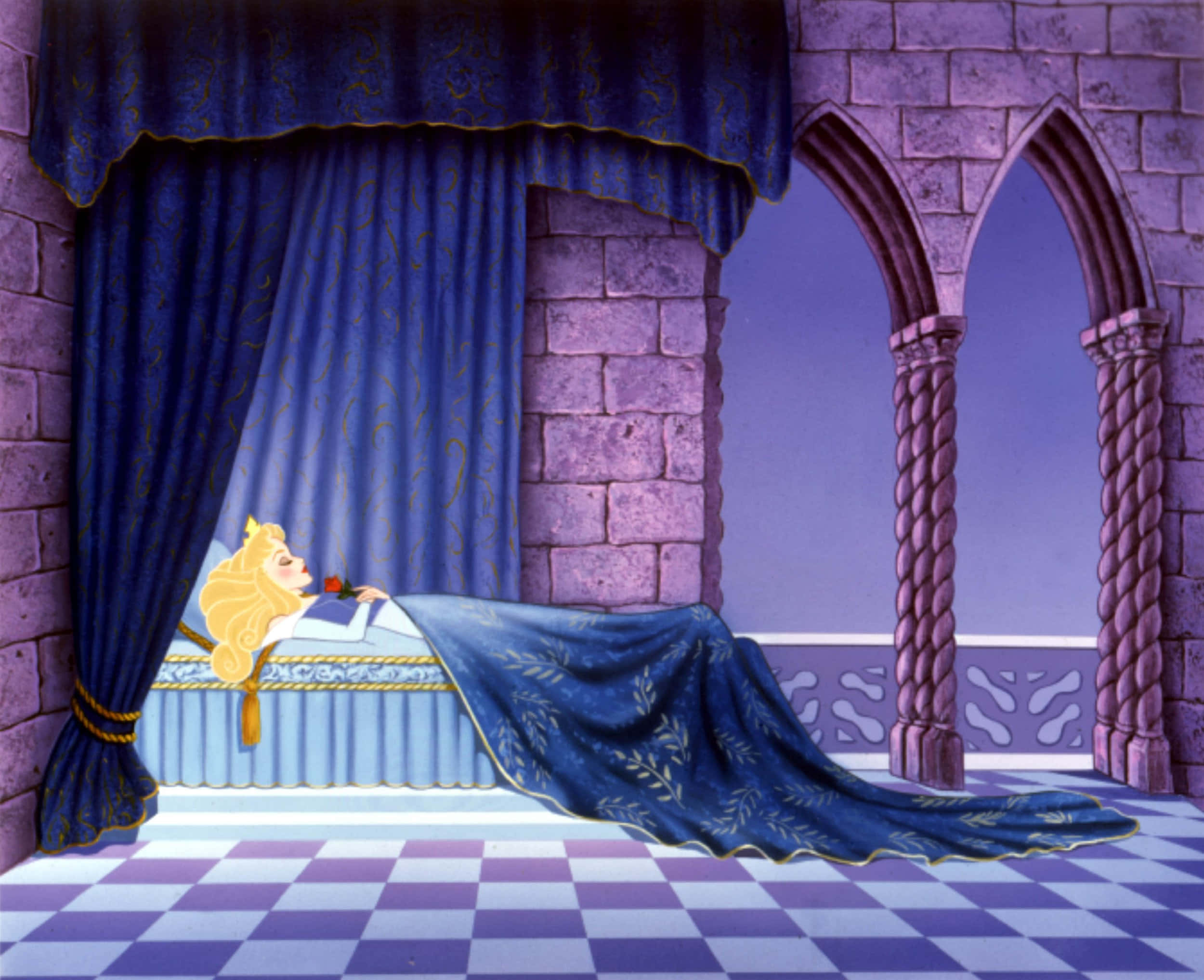 Sleeping Beauty, blue velvet curtains, stone castle chamber, Full HD Desktop Wallpaper
