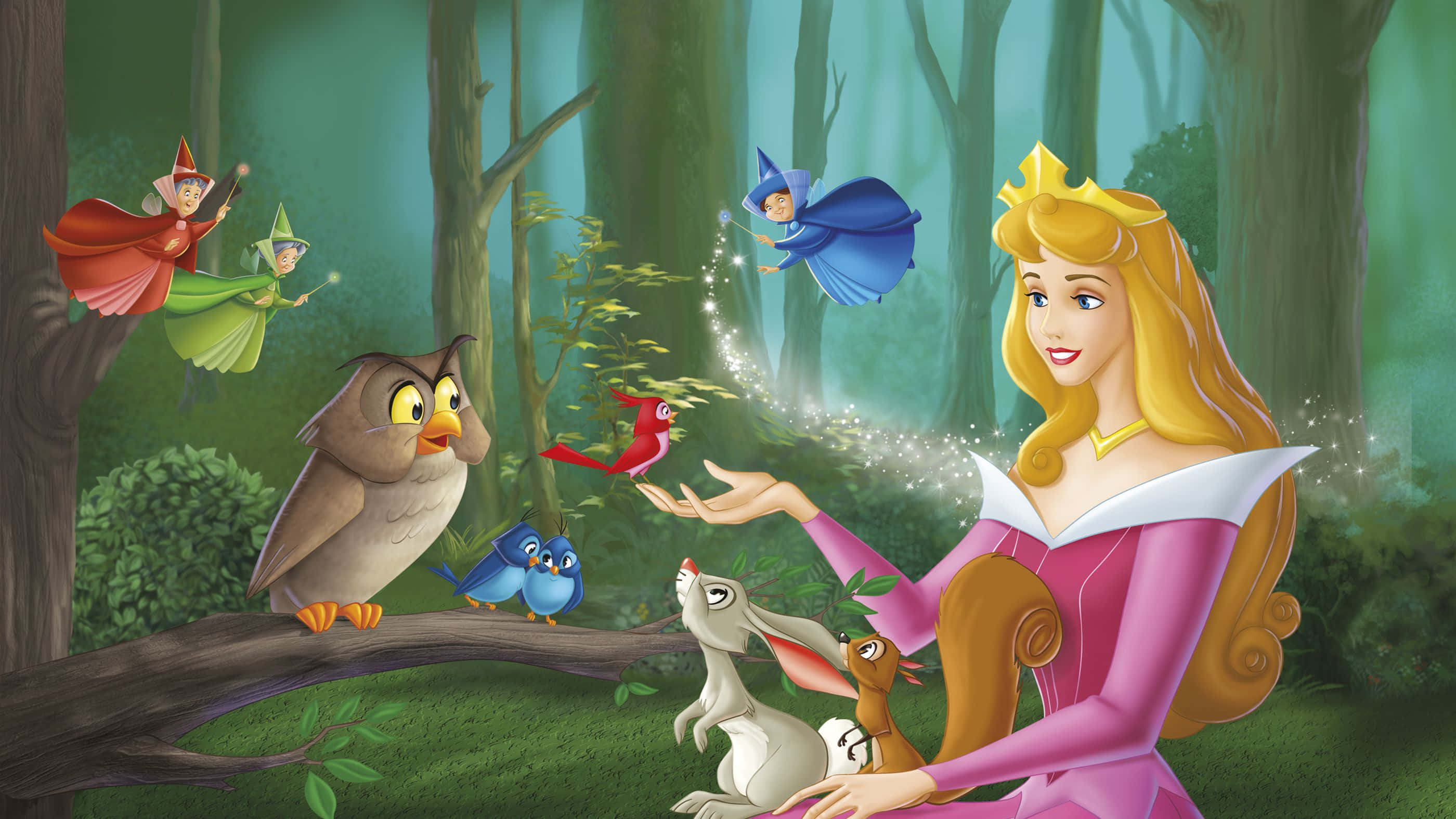 Sleeping Beauty, pink gown, glowing magic, 2K Desktop Wallpaper