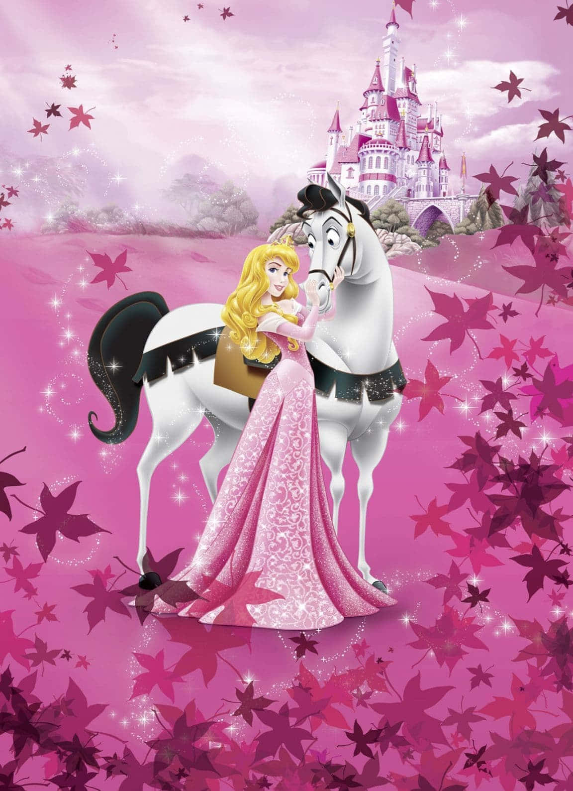 Sleeping Beauty, pink gown, white horse, HD Phone Wallpaper