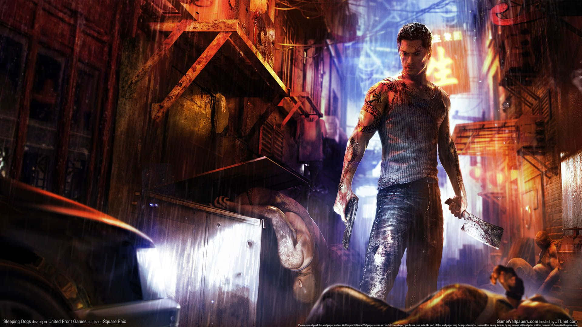 Sleeping Dogs 2, neon-lit alley, rain-soaked, Full HD Desktop Wallpaper
