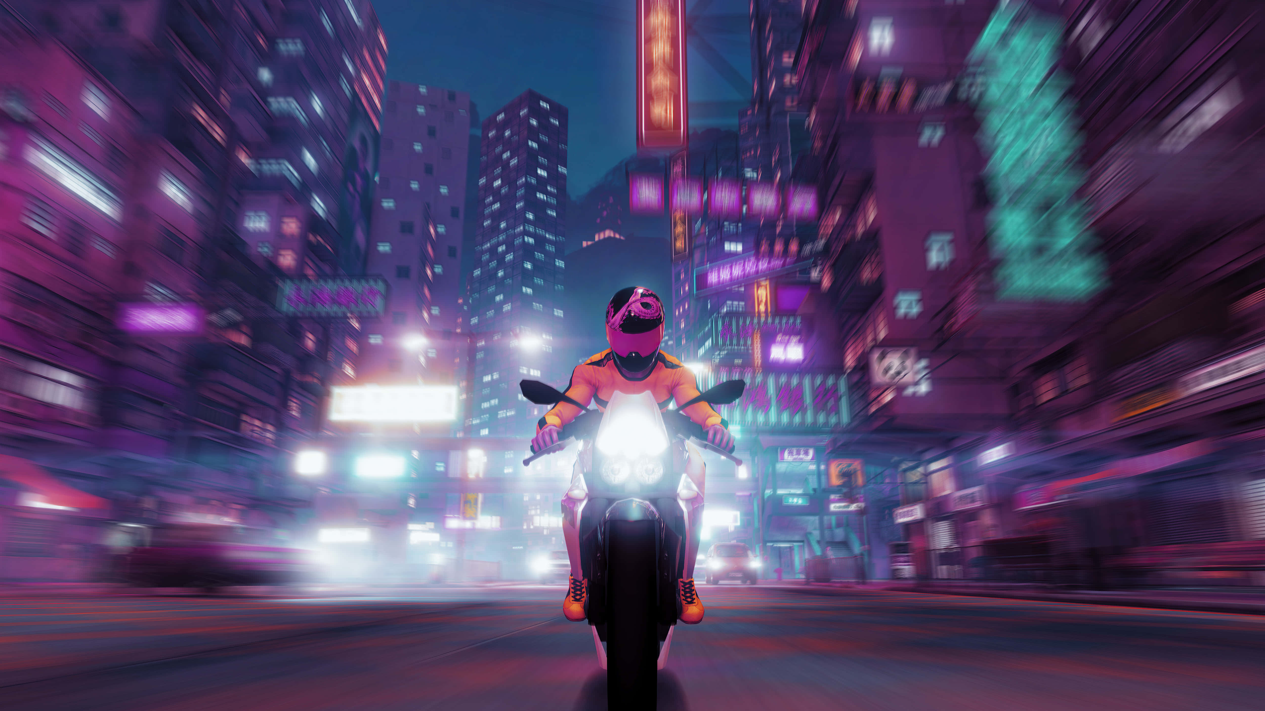 Sleeping Dogs 2, glowing motorcycle, neon-drenched cyberpunk cityscape, 5K Desktop Wallpaper