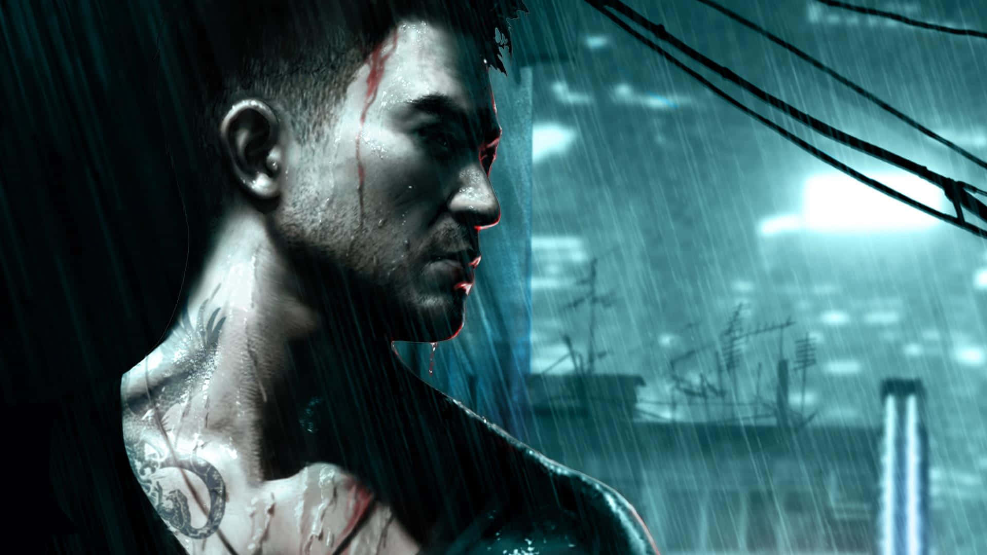 Sleeping Dogs 2, rain-drenched, bloodied face, Full HD Desktop Wallpaper