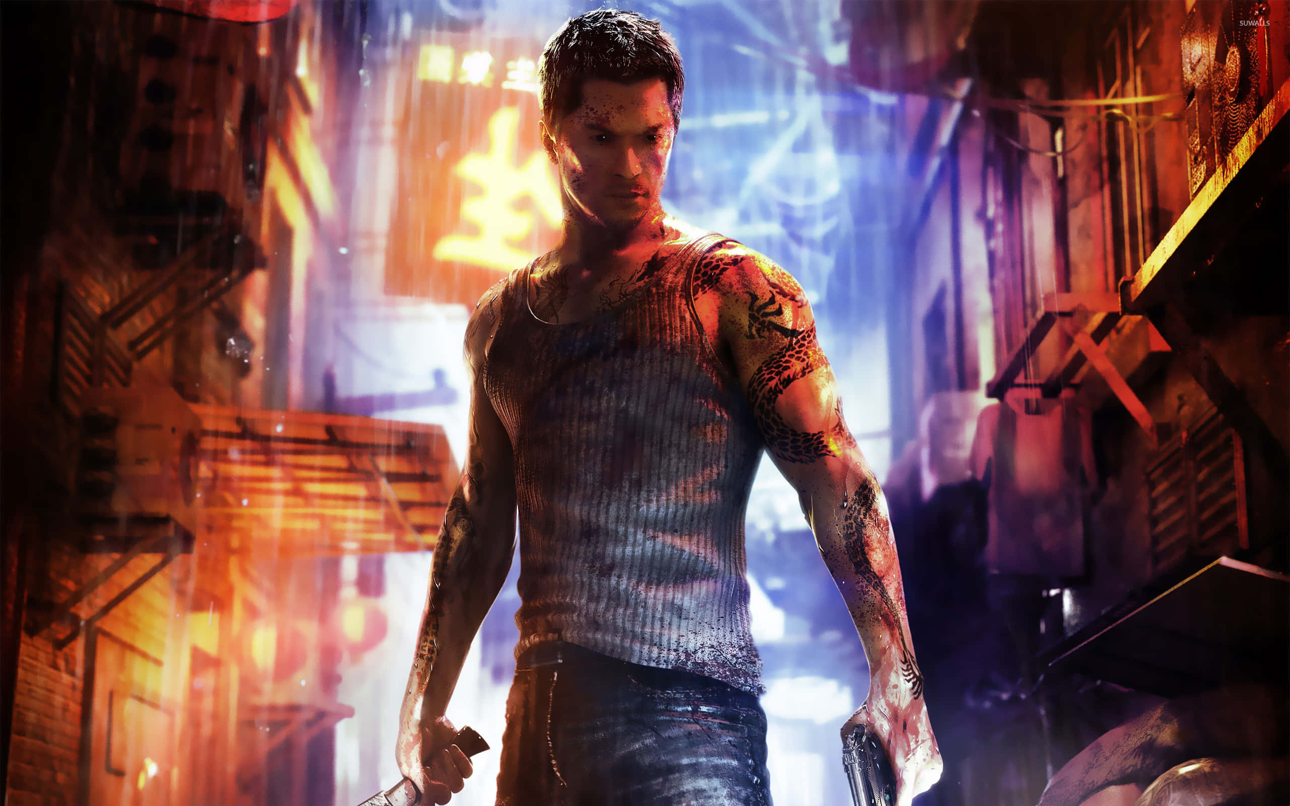 Sleeping Dogs 2, neon-lit, rain-soaked alleyway, 2K Desktop Wallpaper