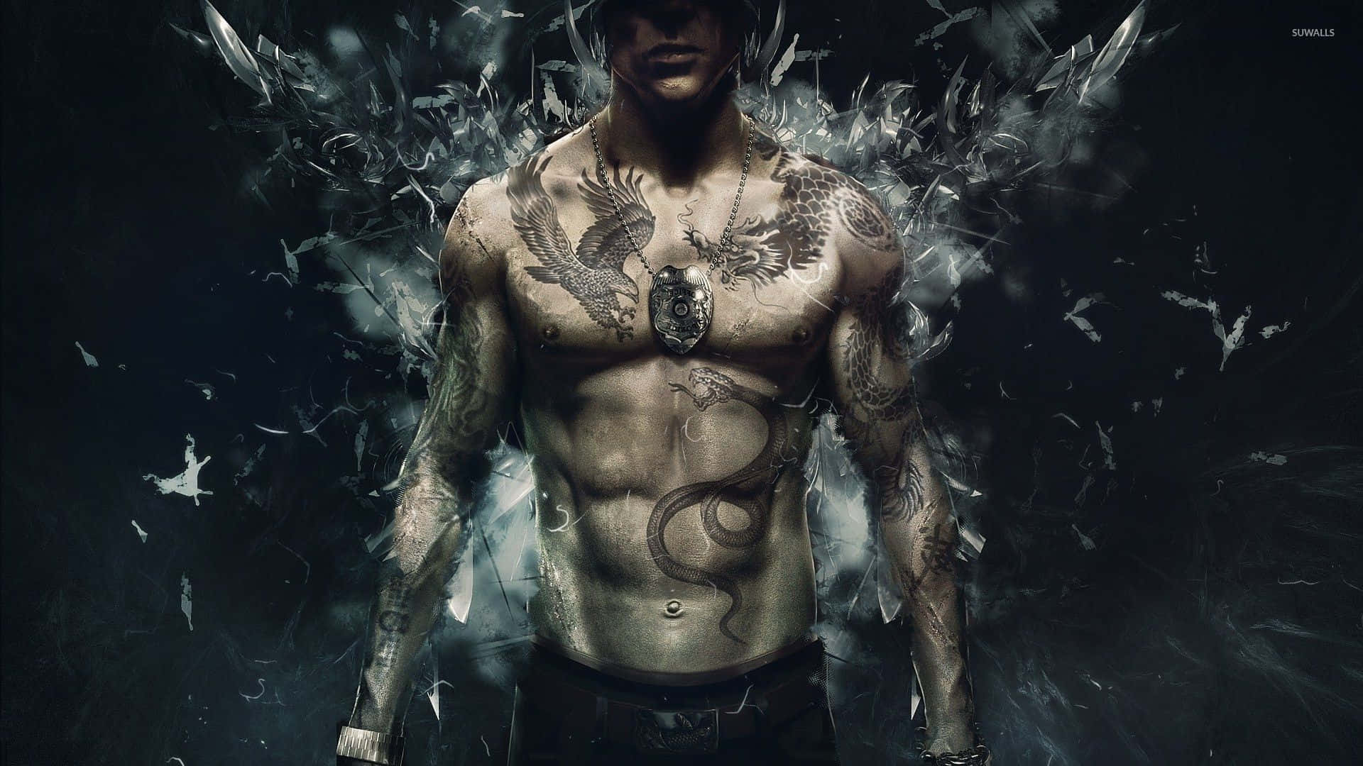 Sleeping Dogs 2, tattooed man, wings of shattered glass, Full HD Desktop Wallpaper