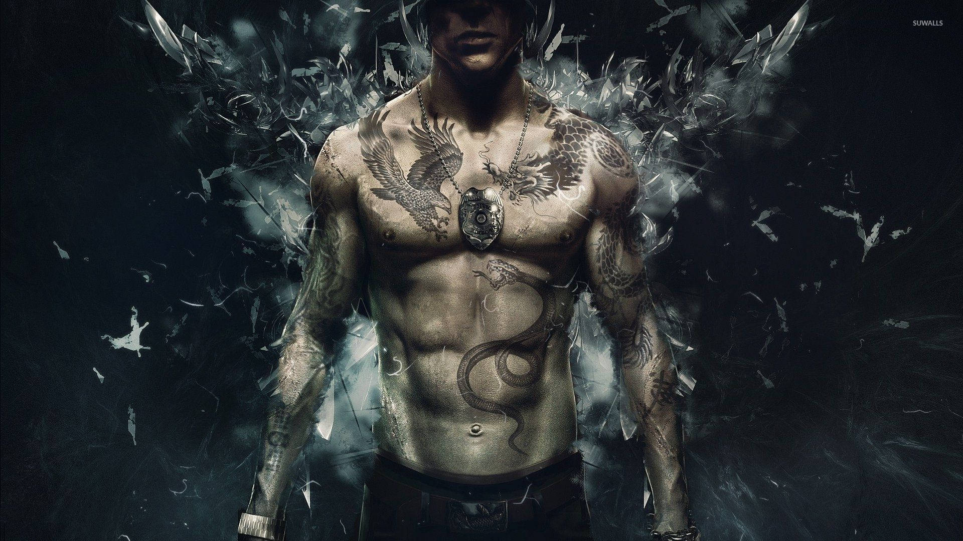 Sleeping Dogs Game, tattooed man, broken glass wings, Full HD Desktop Wallpaper