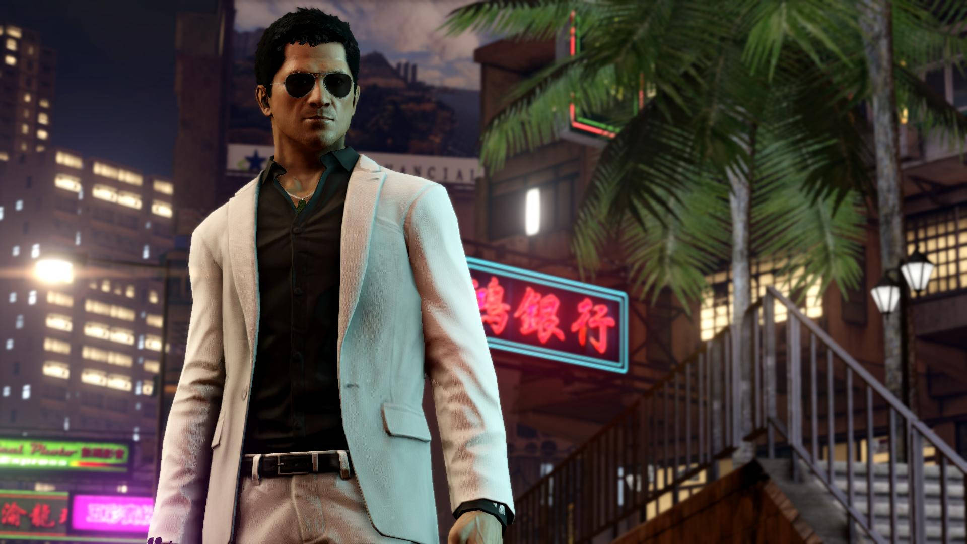 Sleeping Dogs Game, neon-lit urban night scene, palm trees, Full HD Desktop Wallpaper